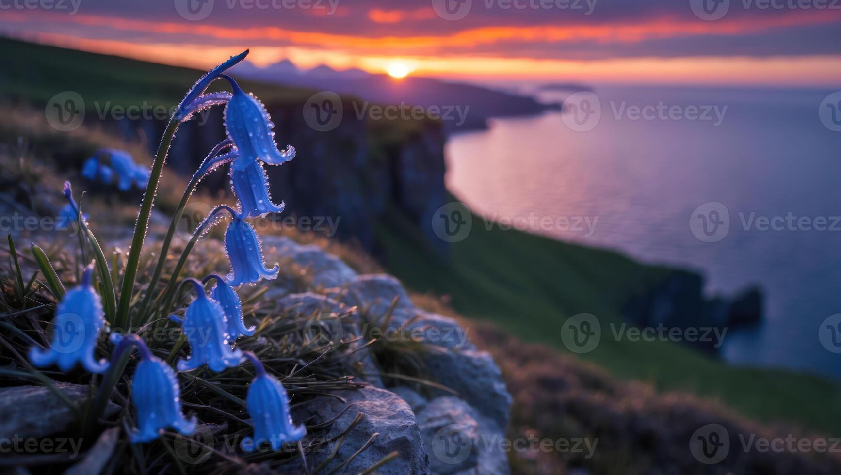 Bluebells at Cliffside Dawn with Ocean and Sunrise Scenery photo