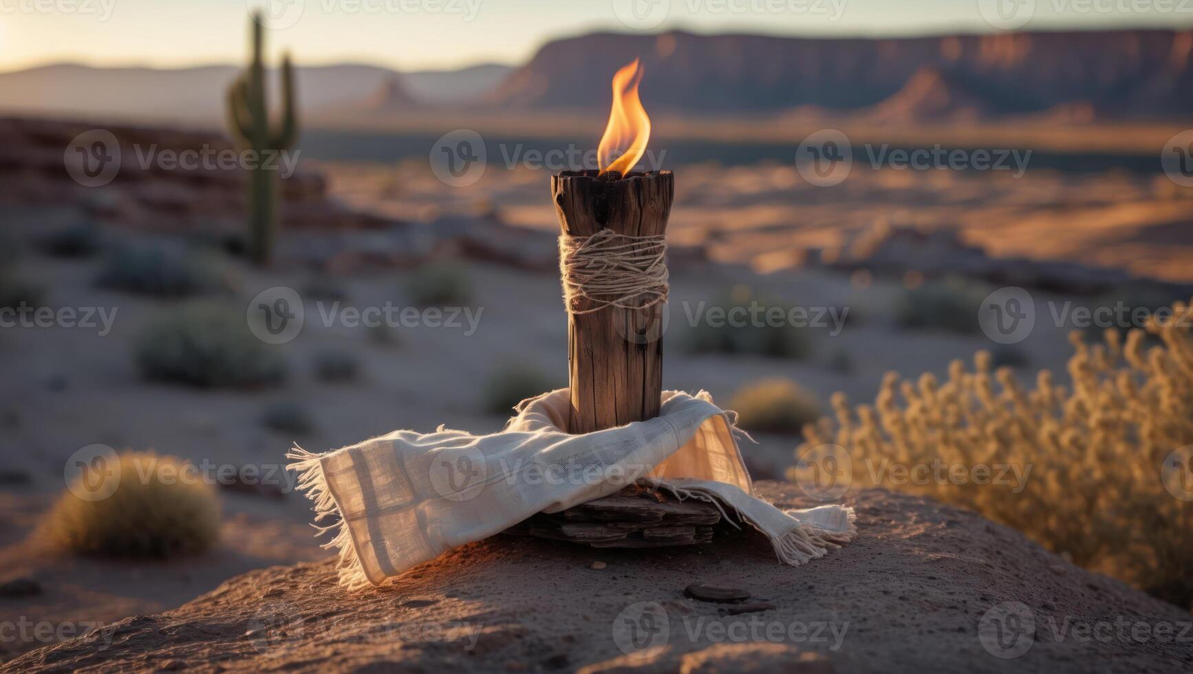 Burning Torch in Desert Landscape with Cloth and Cacti photo