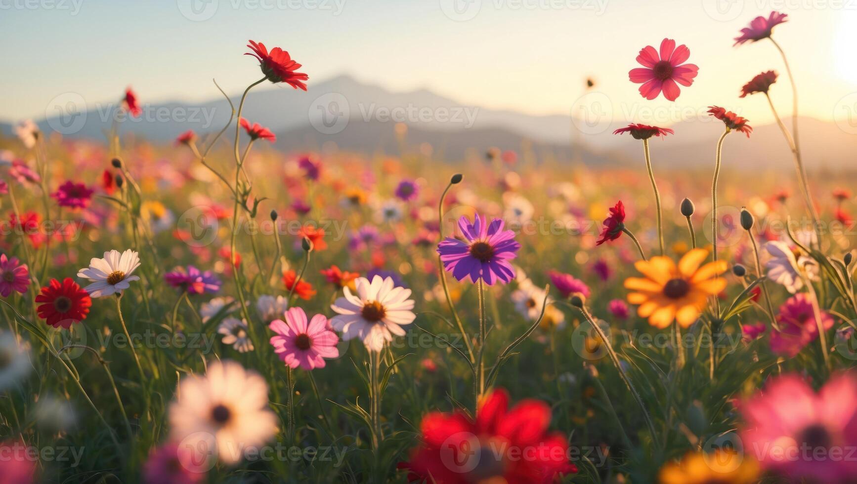 Colorful Flower Field at Sunset with Mountain Backdrop in Summertime photo