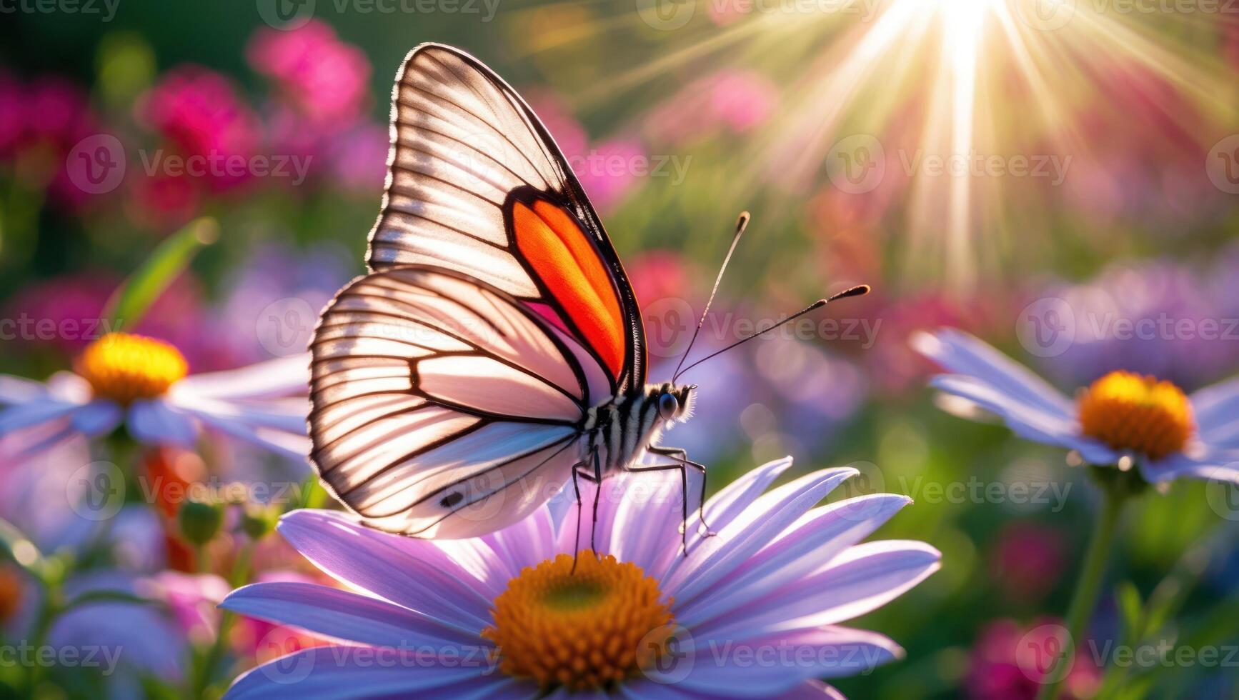 Butterfly Resting on Daisy Flower in a Field of Wildflowers photo