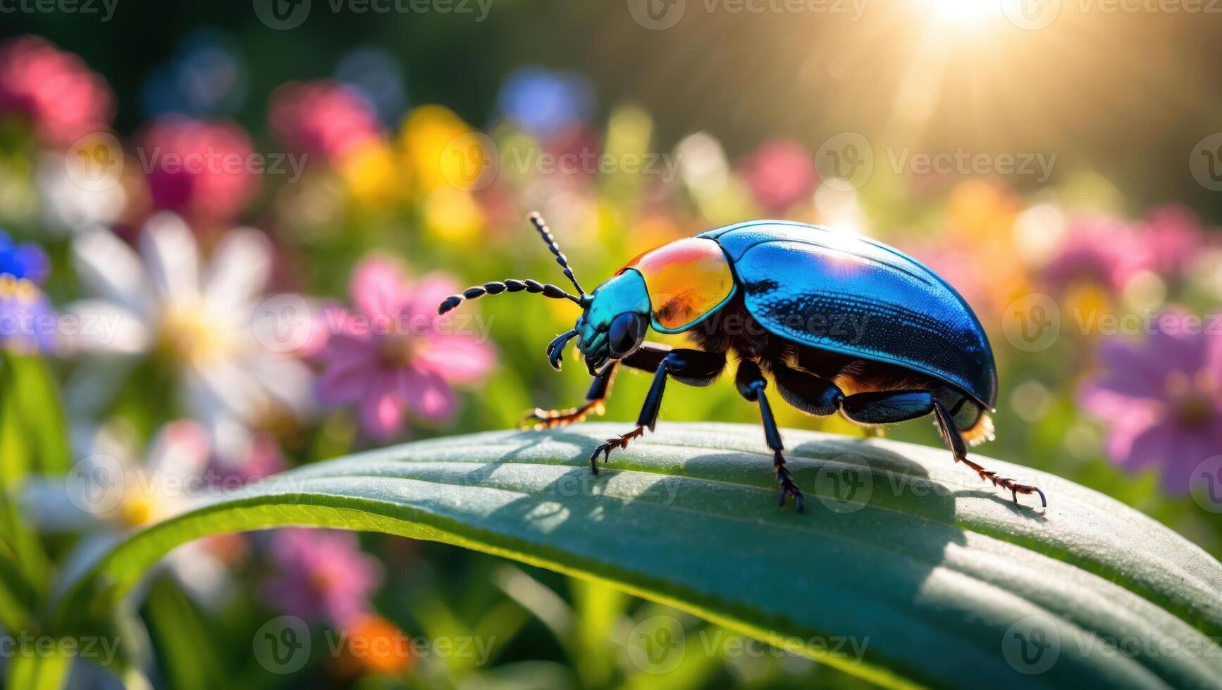 Shiny Beetle Walking on Leaf in Colorful Flower Garden photo