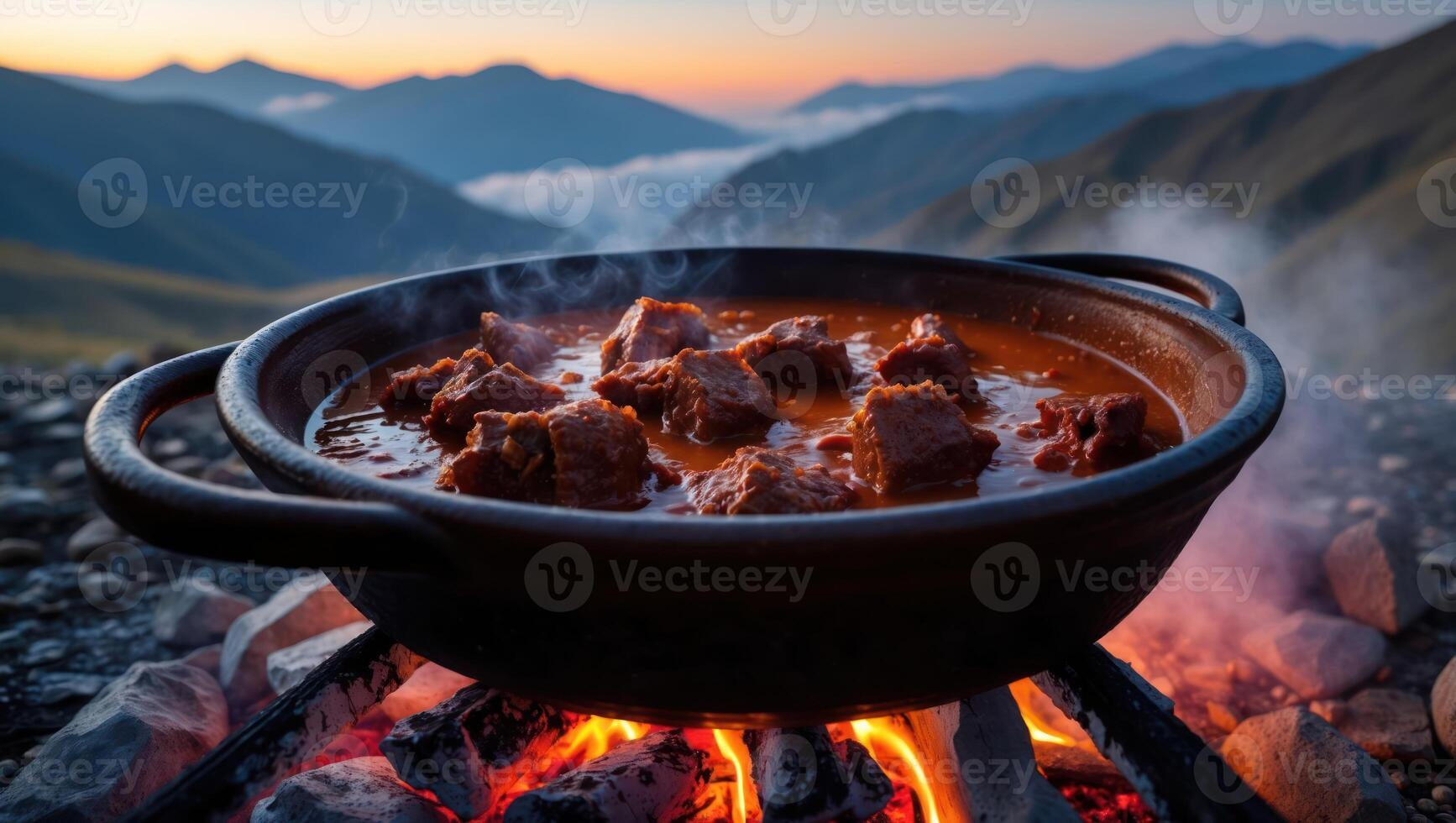 Stew Cooking Over Open Fire Against a Mountain View at Dusk photo