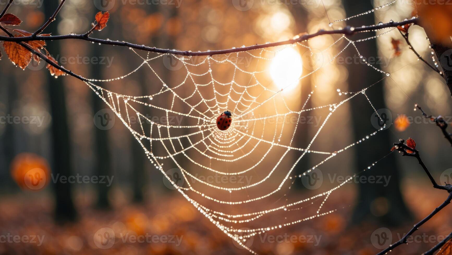 Ladybug on Dewy Spiderweb in an Autumn Forest at Sunrise photo