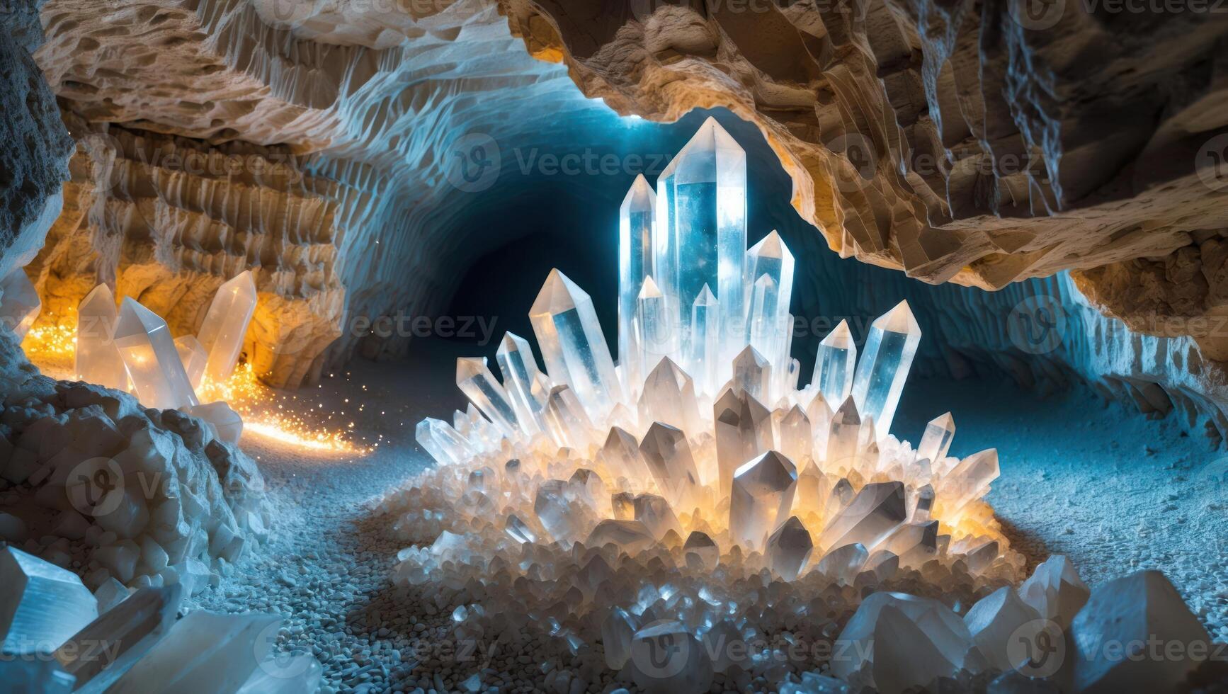 Glowing Crystal Formation in Cave Illuminated by Light and Minerals photo