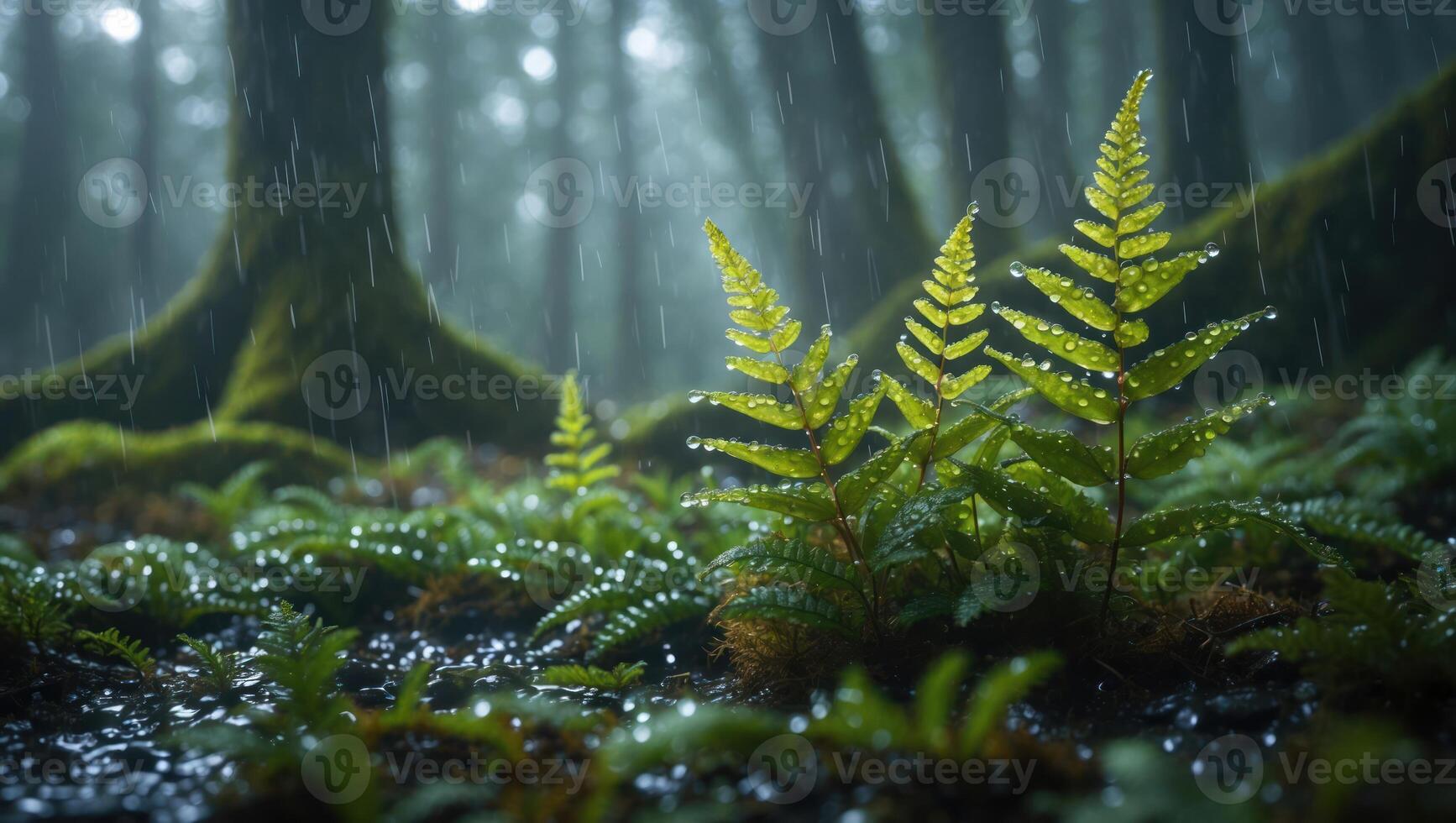 Fern Growing in Forest During Rainfall with Moss and Tree photo