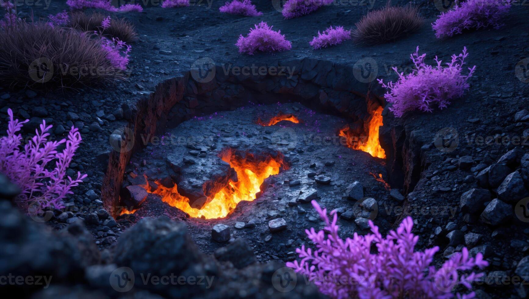 Open Lava Pit in Rocky Ground with Purple Plants Landscape photo