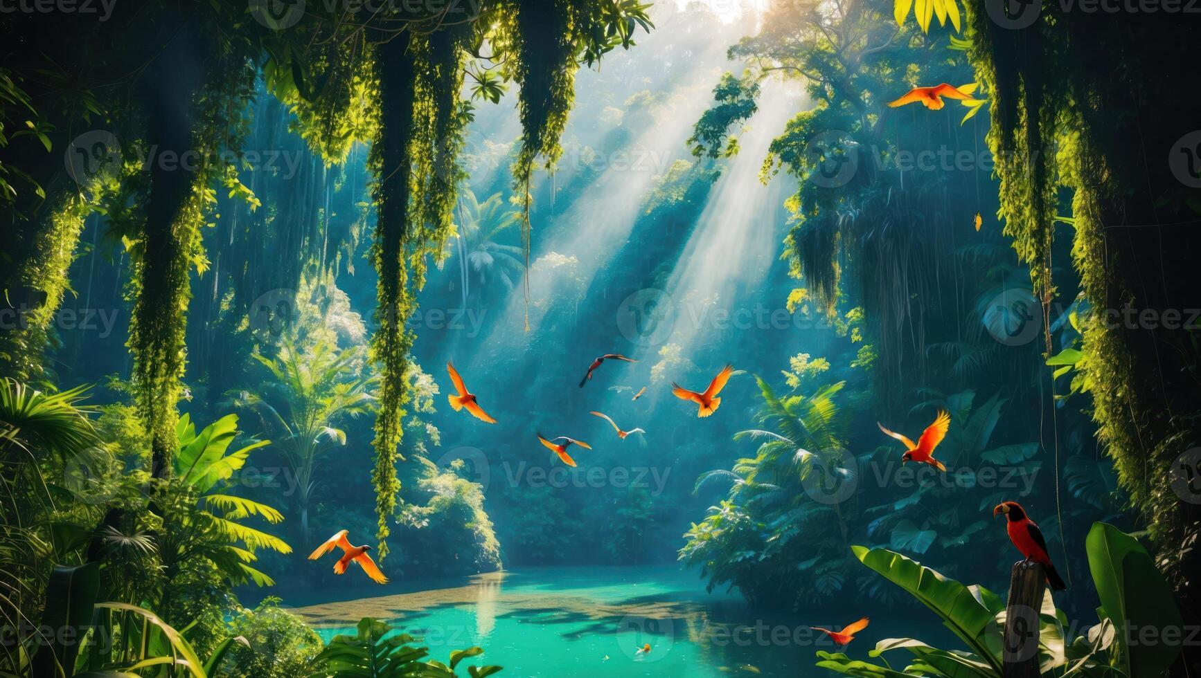 Flying Birds Over Lush Green Jungle Landscape with Sunlight Rays photo