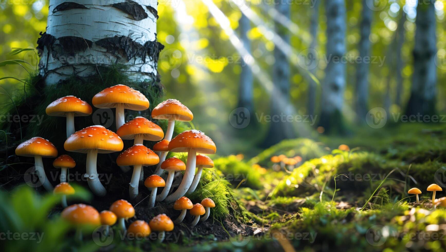 Mushroom Cluster Growing by Tree Trunk in Sunlit Green Forest photo