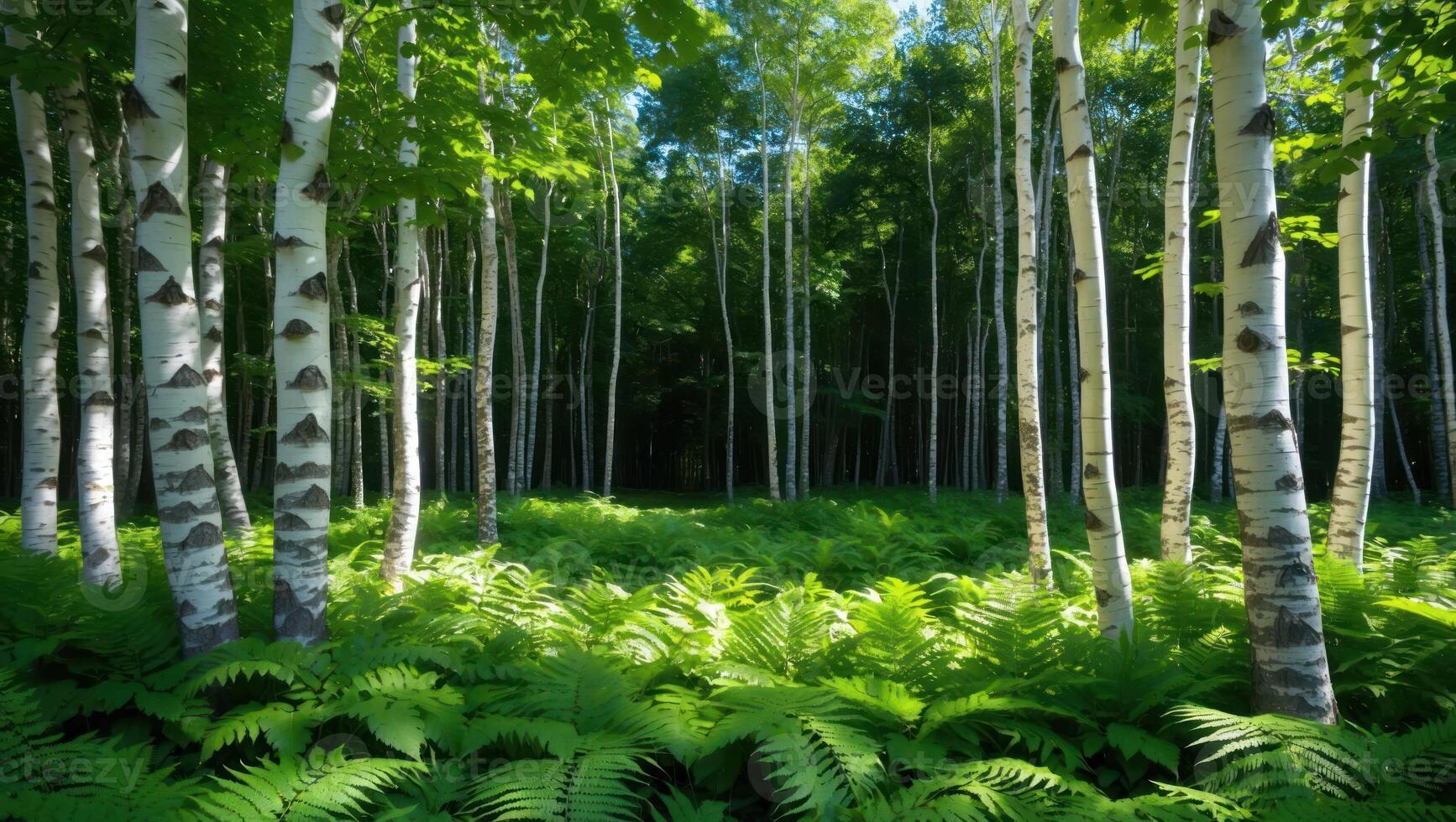 Walking Through Birch Forest with Ferns Below on a Sunny Day photo