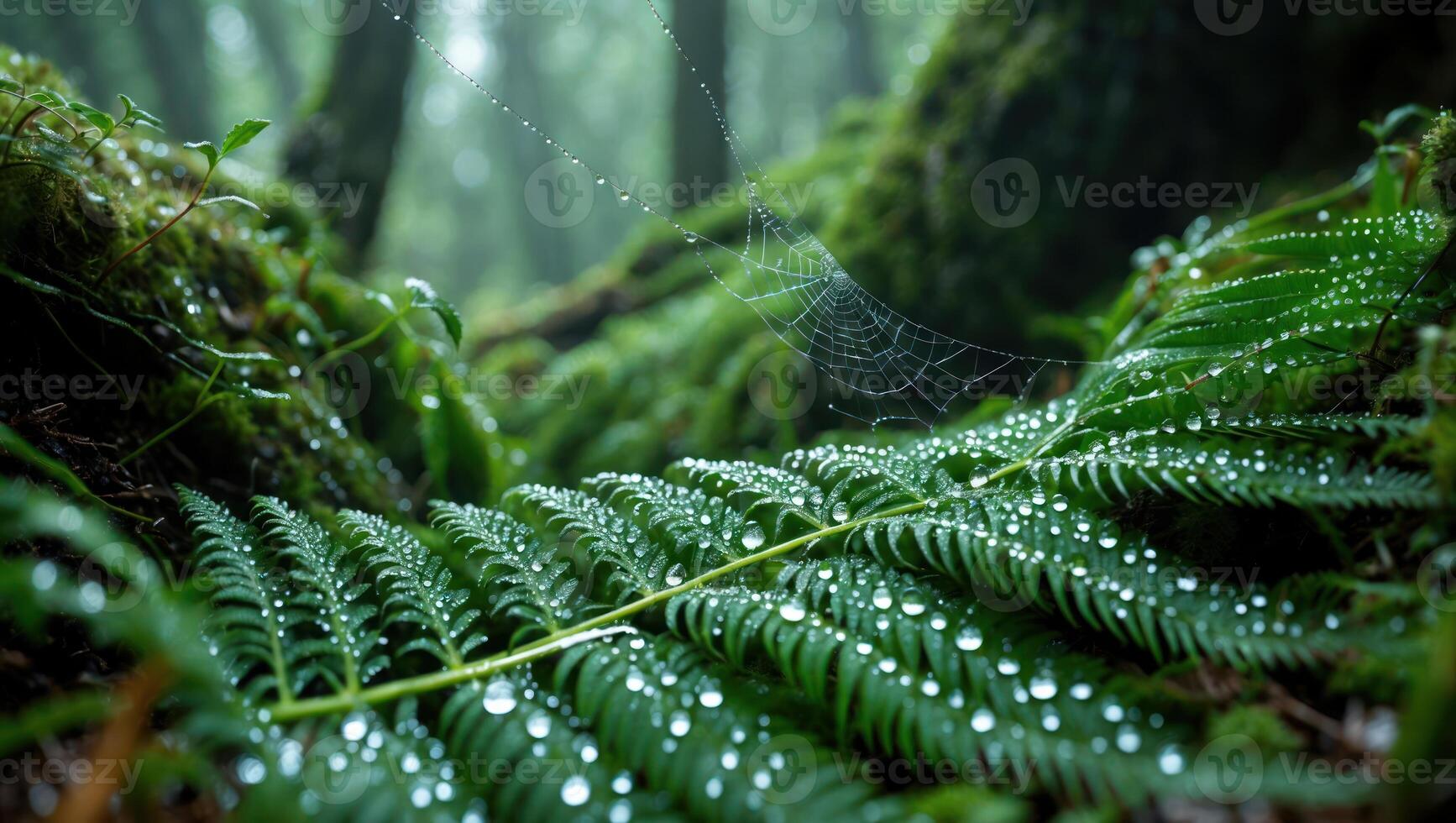 Fern Leaf with Water Droplets and Spiderweb in Lush Forest Setting photo