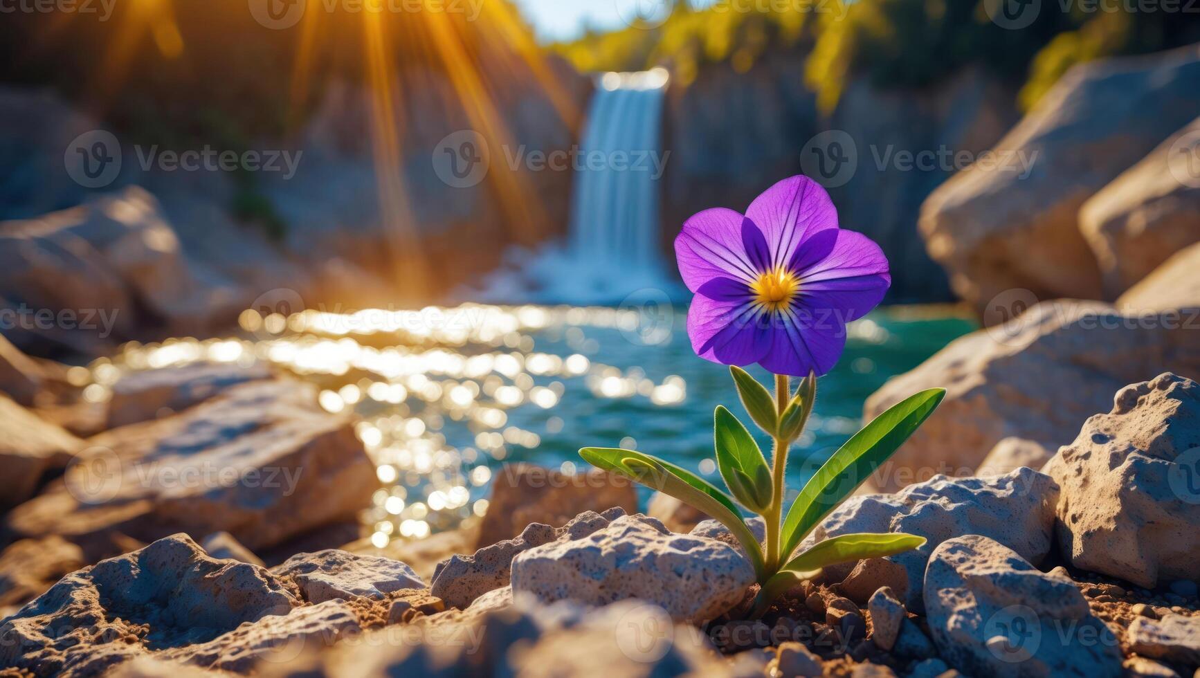 Purple Flower Blooming Near Waterfall Scenic Landscape Fresh Growth photo