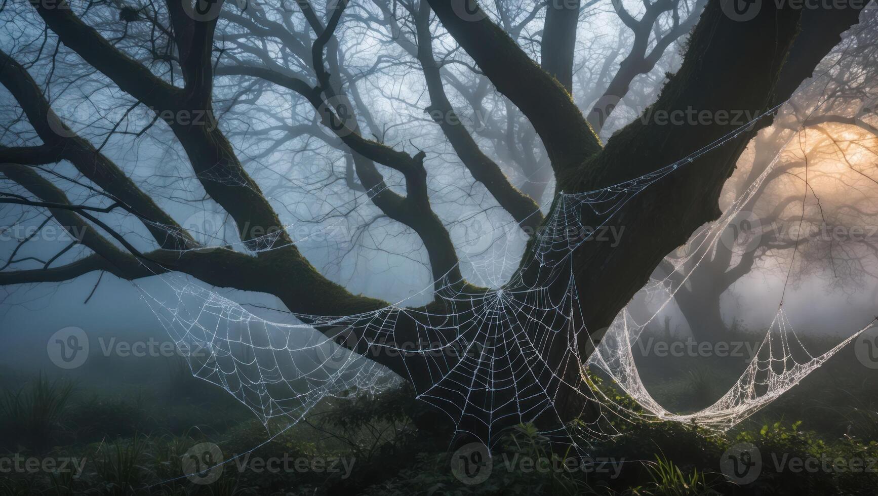 Spiderweb Hanging on Tree in Foggy Woodland Landscape Image photo