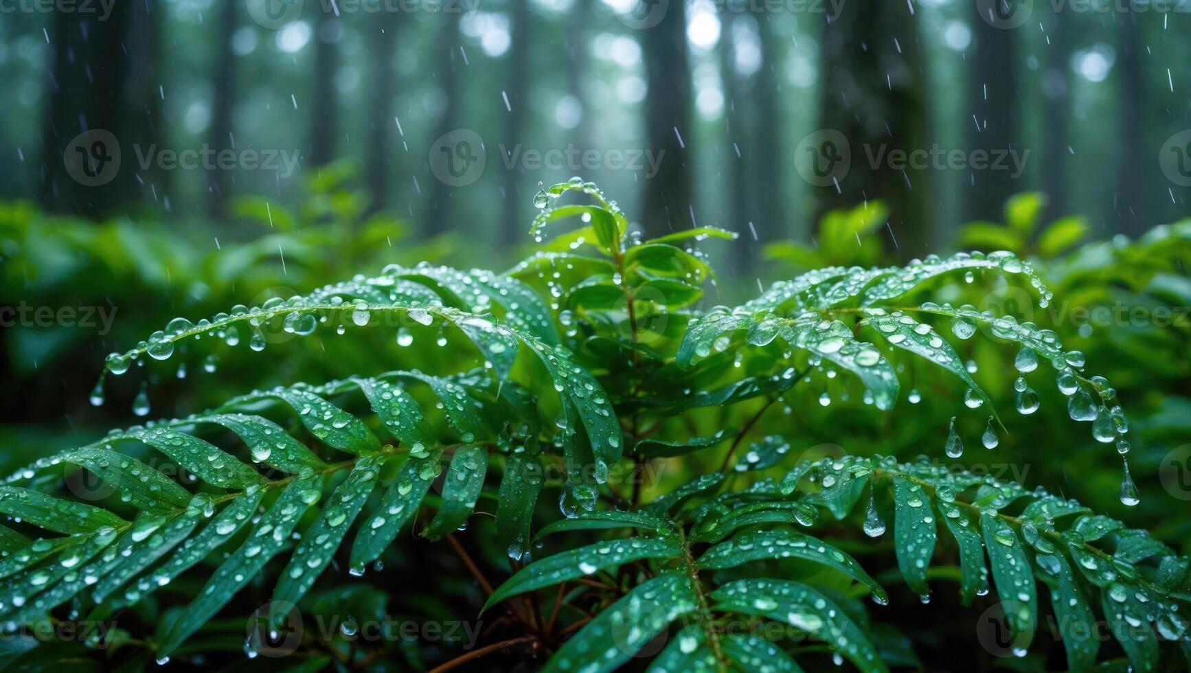 Fern Leaves in Forest with Rain Droplets a Serene Nature Scene photo