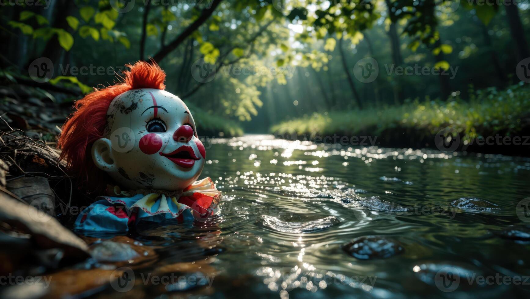 Clown Doll Floating in Stream Sunlight Forest Creepy Aesthetic photo
