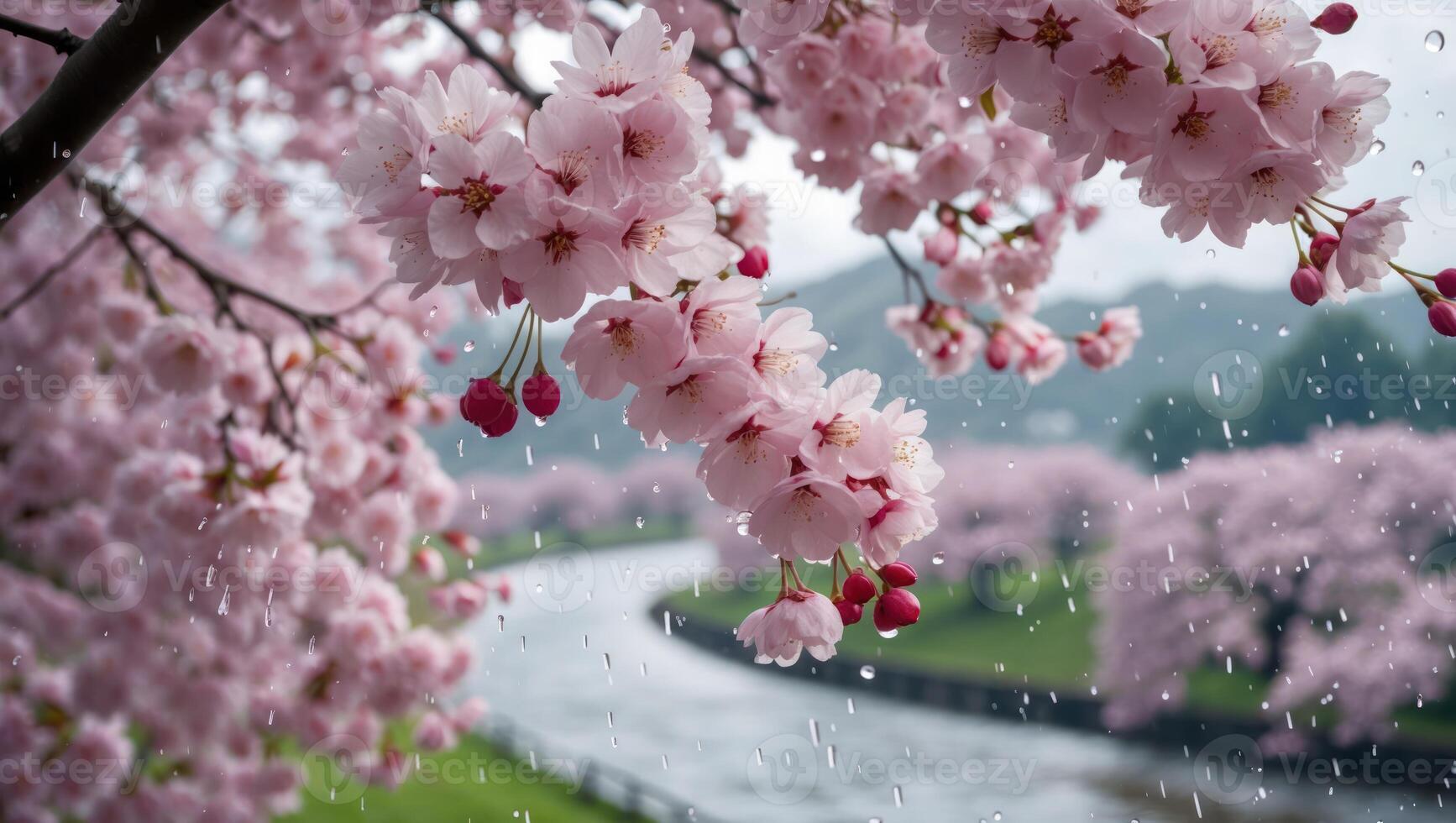 Cherry Blossom Blooming in Rain Along River Gentle Spring Scene photo