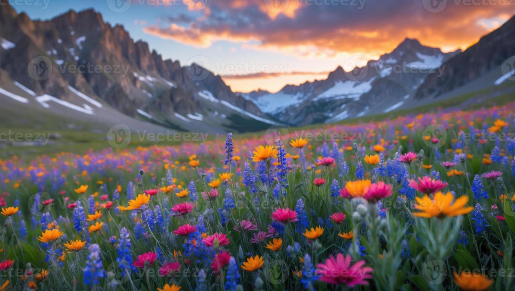 Wildflower Meadow in Mountain Valley at Sunset with Cloudy Sky photo