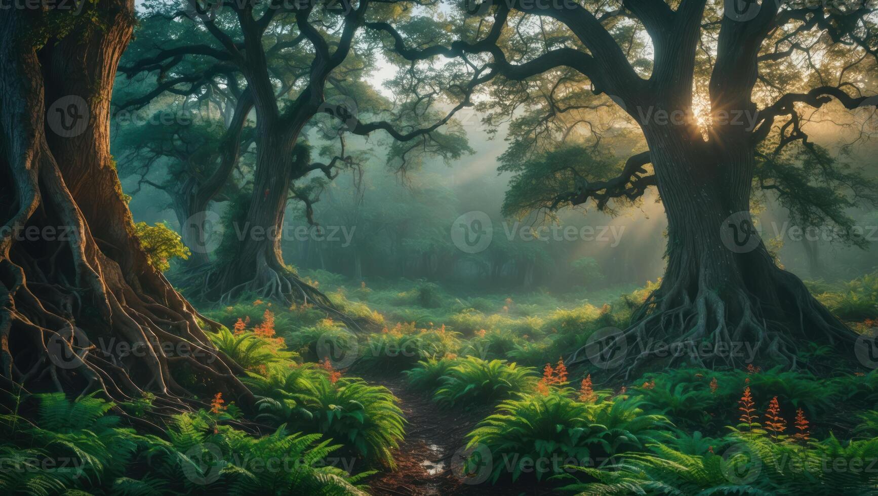 Walking Path Through Forest with Old Trees and Morning Sunlight photo