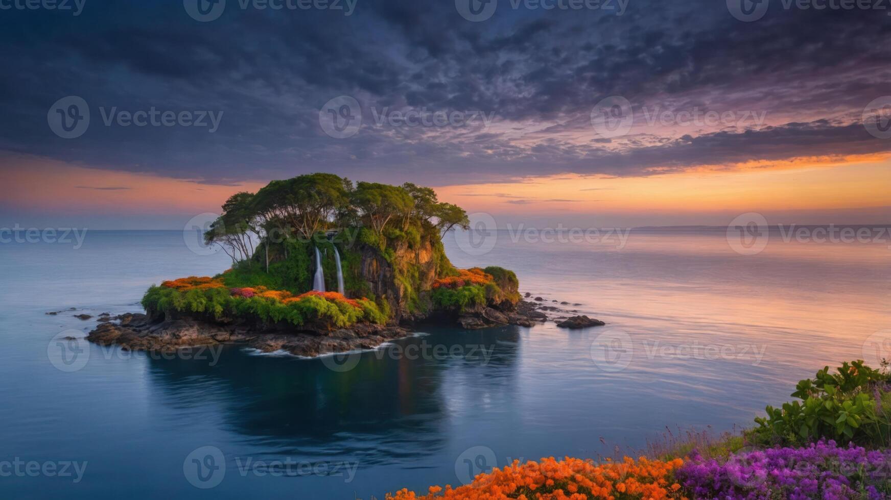 Island Waterfall Landscape at Sunset with Flowers and Dramatic Sky photo