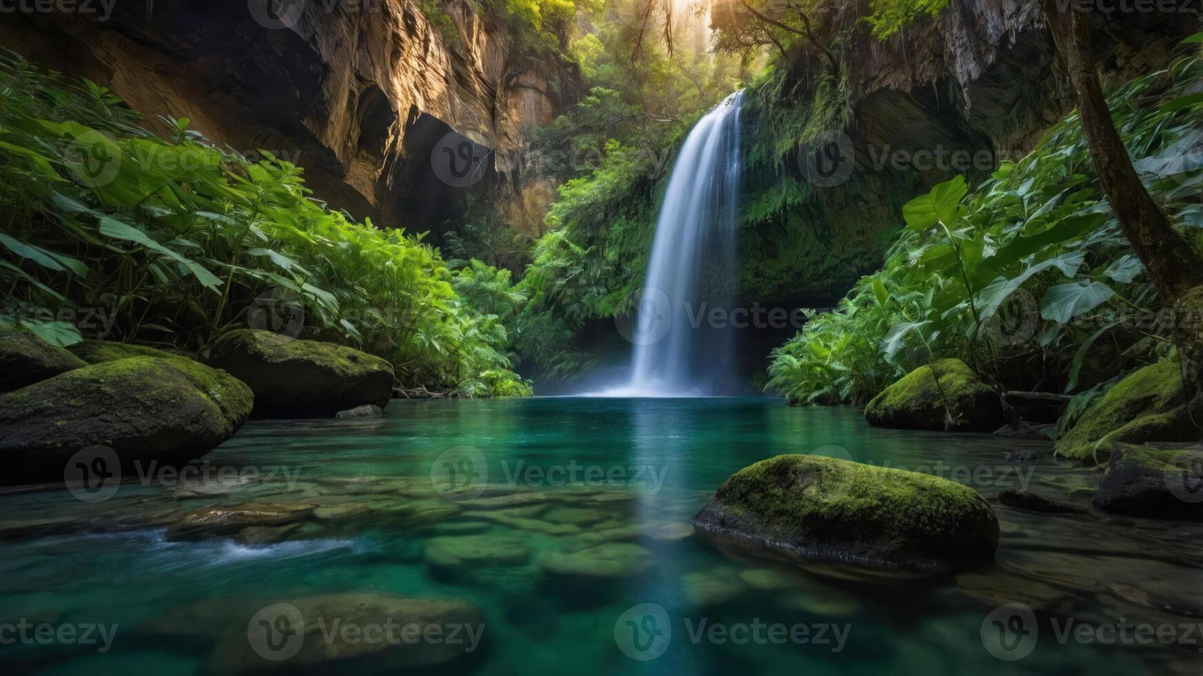 Waterfall Flowing Into Clear Turquoise Pool Surrounded by Lush Vegetation photo