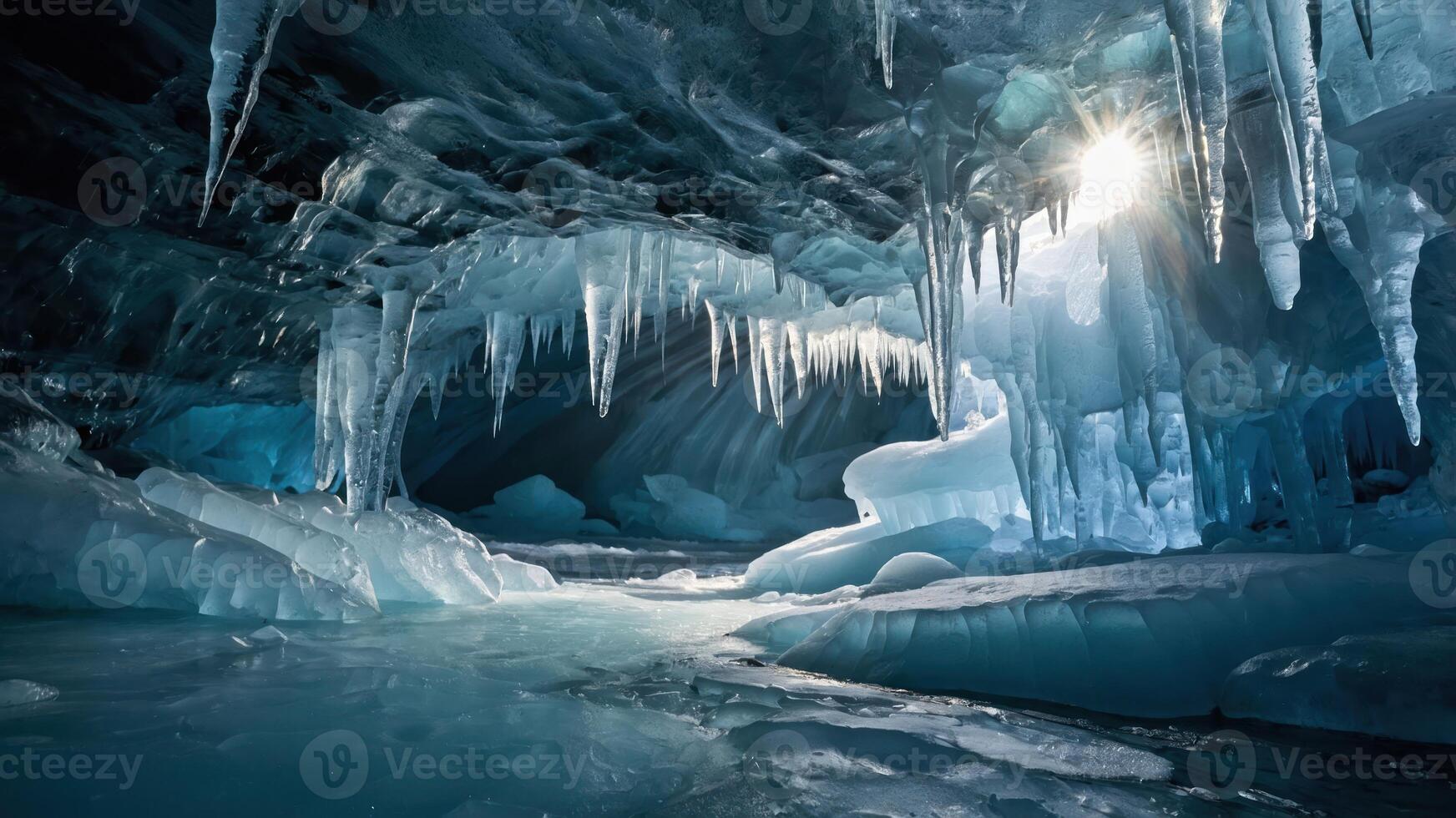 Exploring a Frozen Ice Cave with Blue Ice and Sun Rays photo
