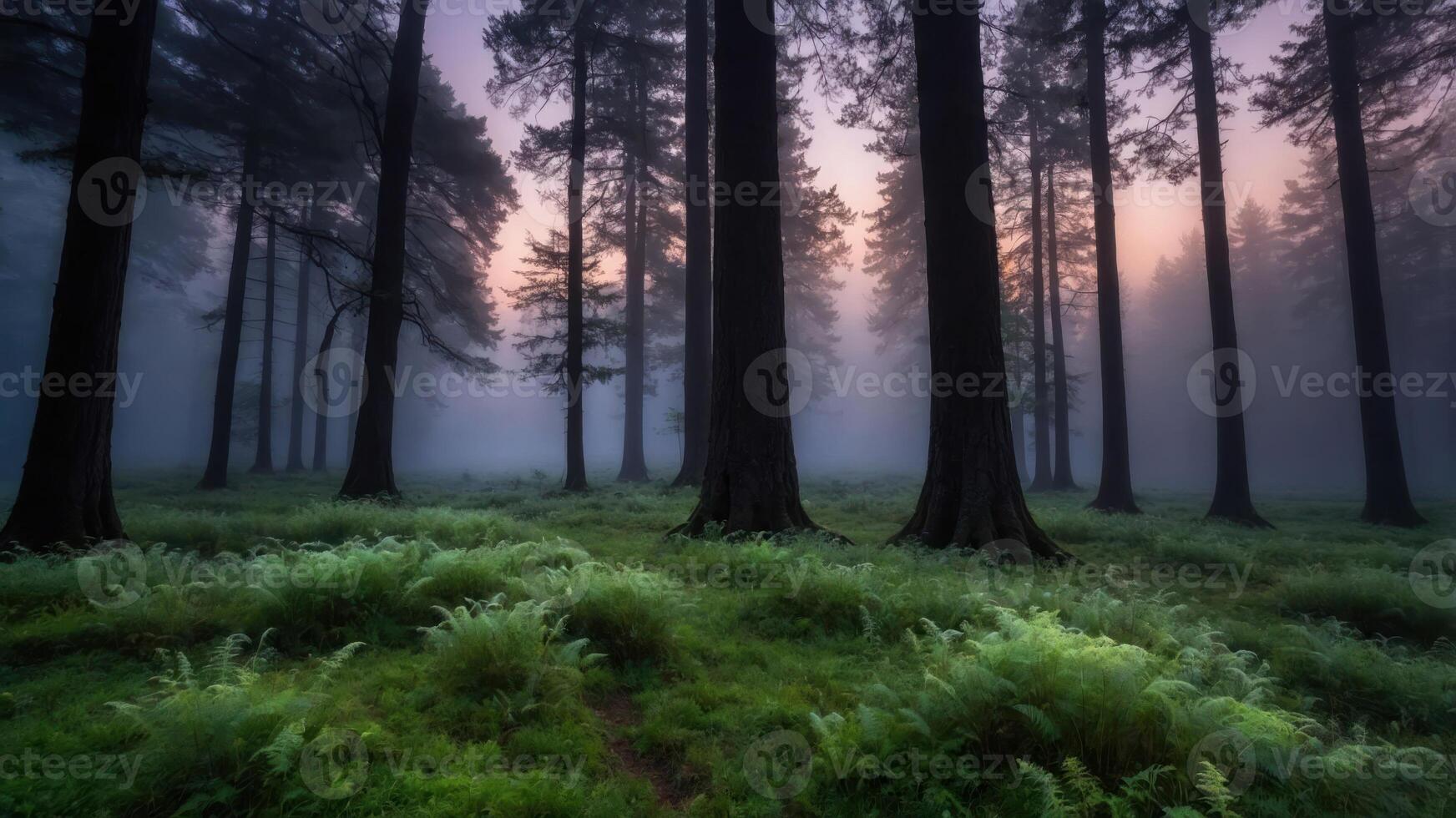 Walking Through Enchanted Forest with Fog and Ferns at Dusk photo