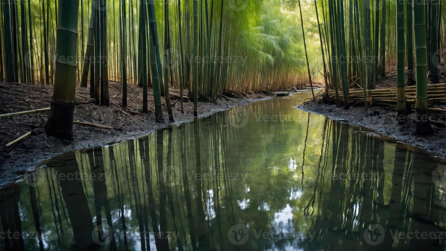 Tranquil Bamboo Forest with Water Reflection Creates a Serene Scene photo