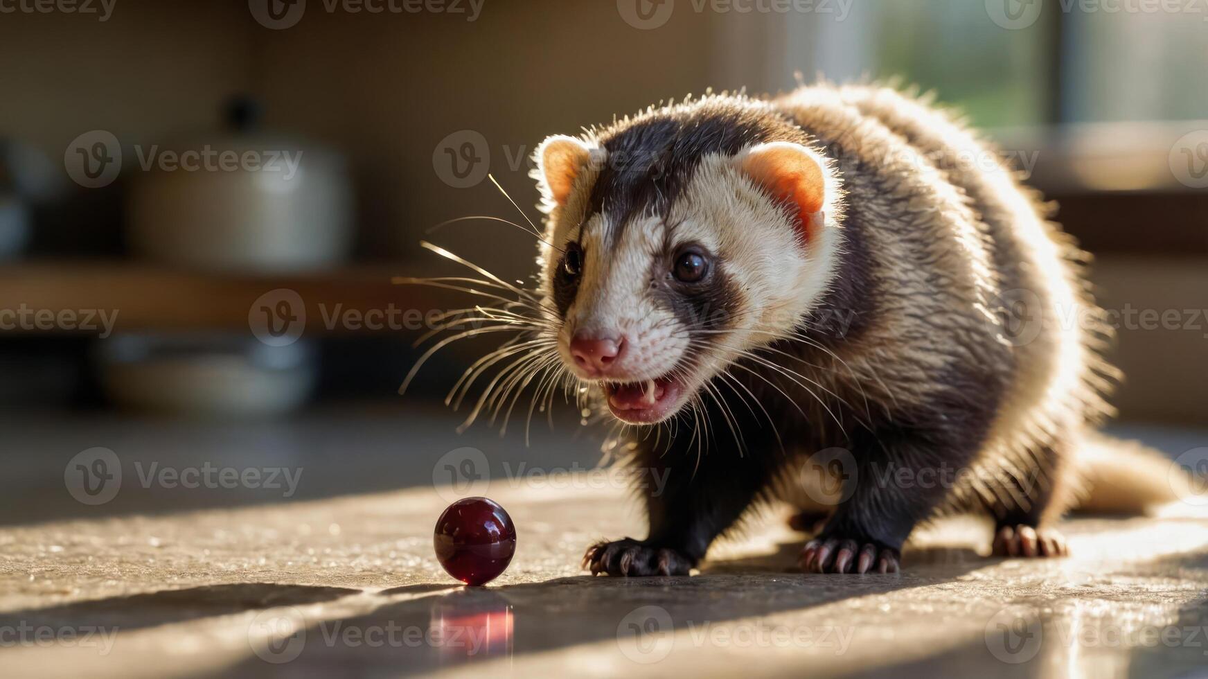 Ferret Play-acting and Staring with Open Mouth at Small Round Object photo