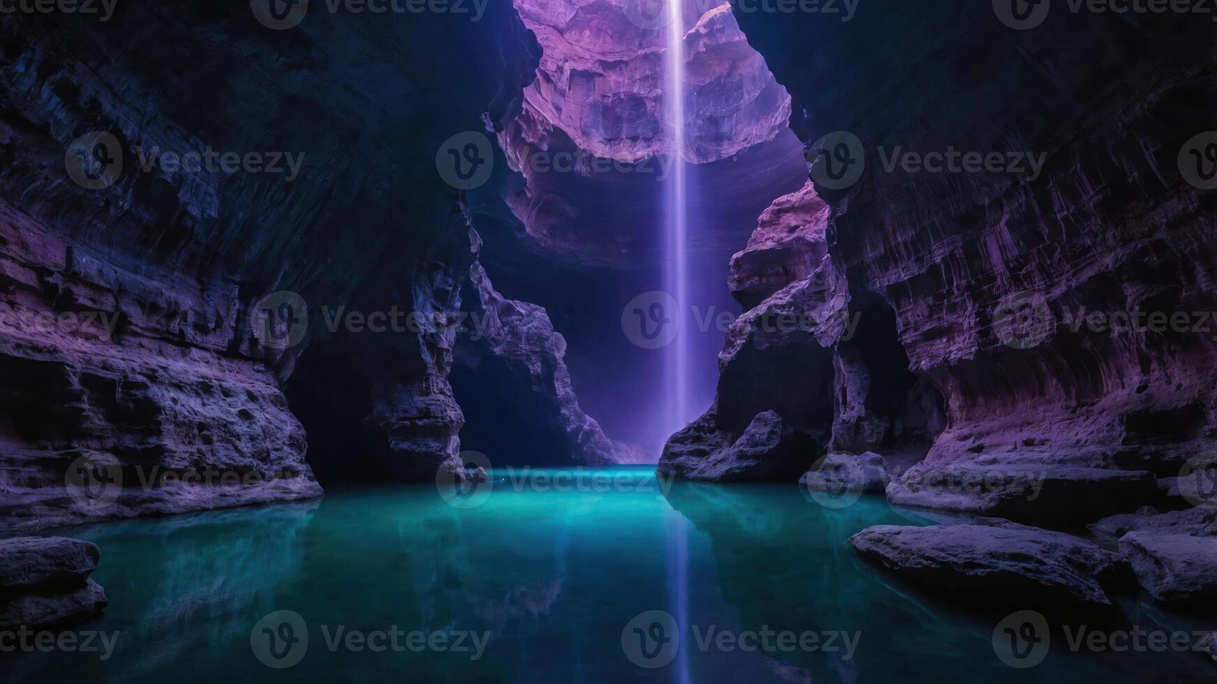 Exploring Dramatic Cave with Turquoise Water and Light Beam Streaming Down photo