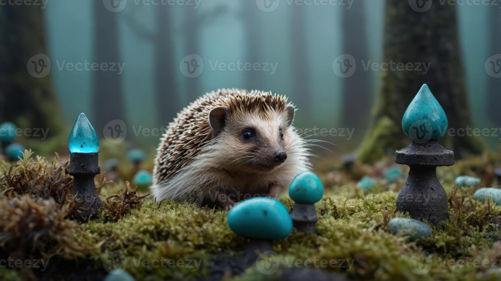Hedgehog Sitting in Mossy Forest with Glowing Teal Ornaments Landscape photo