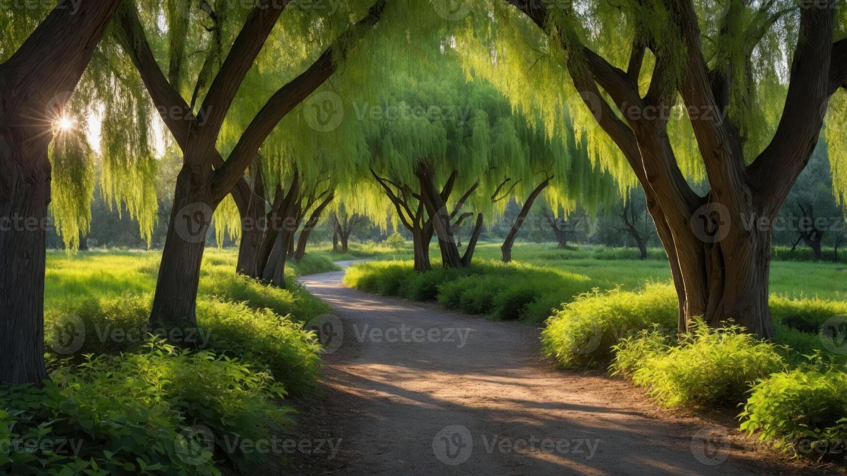 Walking Path Through Trees with Sunlight Streaming and Green Foliage photo