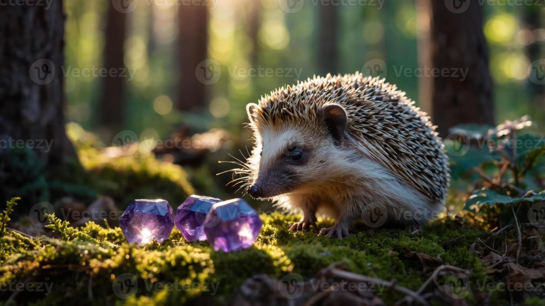 Hedgehog Gazing at Purple Crystals in a Mossy Forest Glade photo