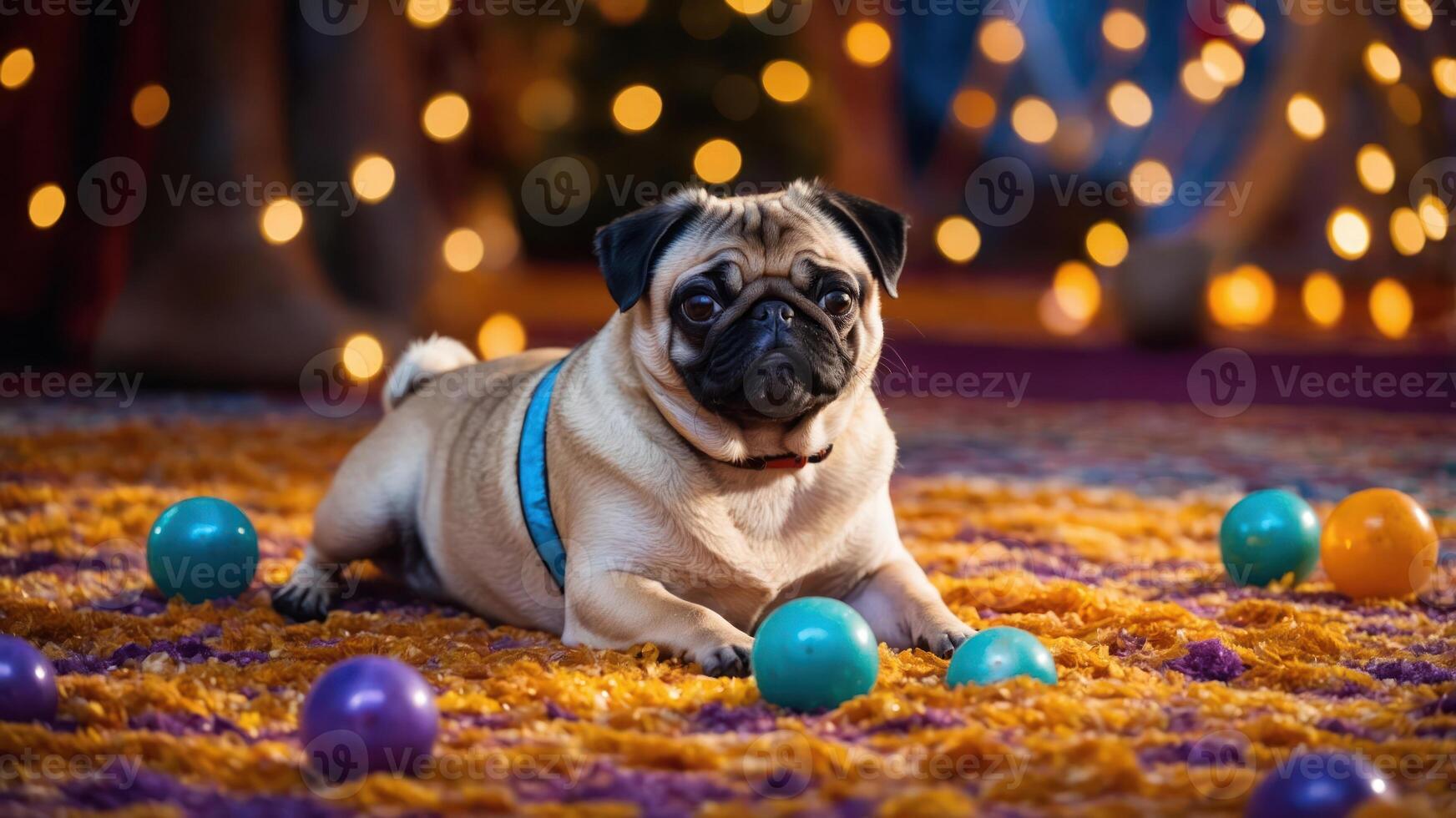 Resting Pug on Carpet Surrounded by Colorful Balls and Bokeh Lights photo
