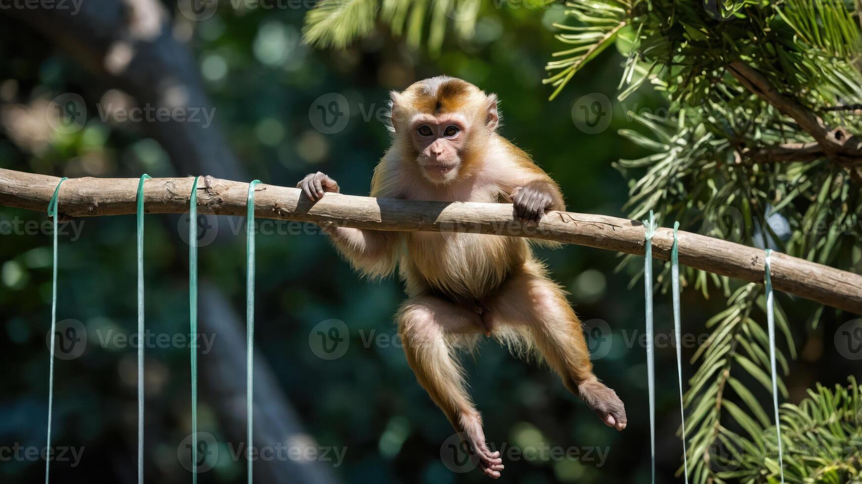 Young Monkey Hanging From Tree Branch in Natural Habitat photo