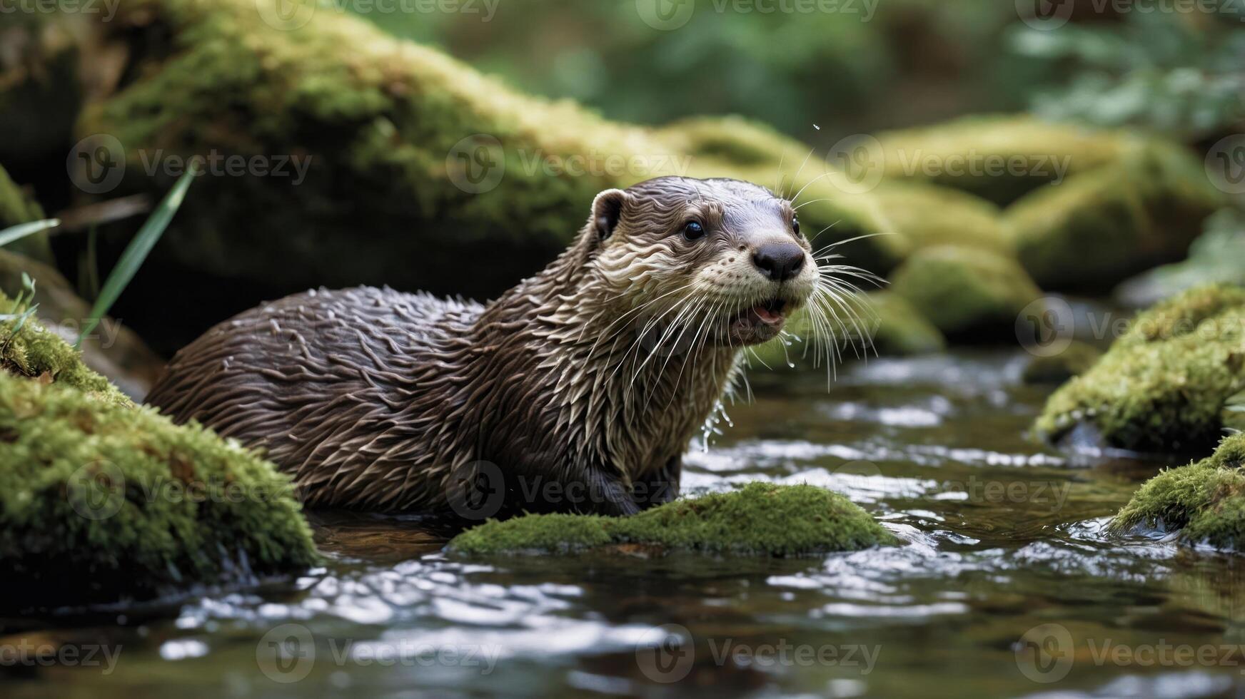 Otter Standing in Stream on Mossy Rock Looking to Side photo