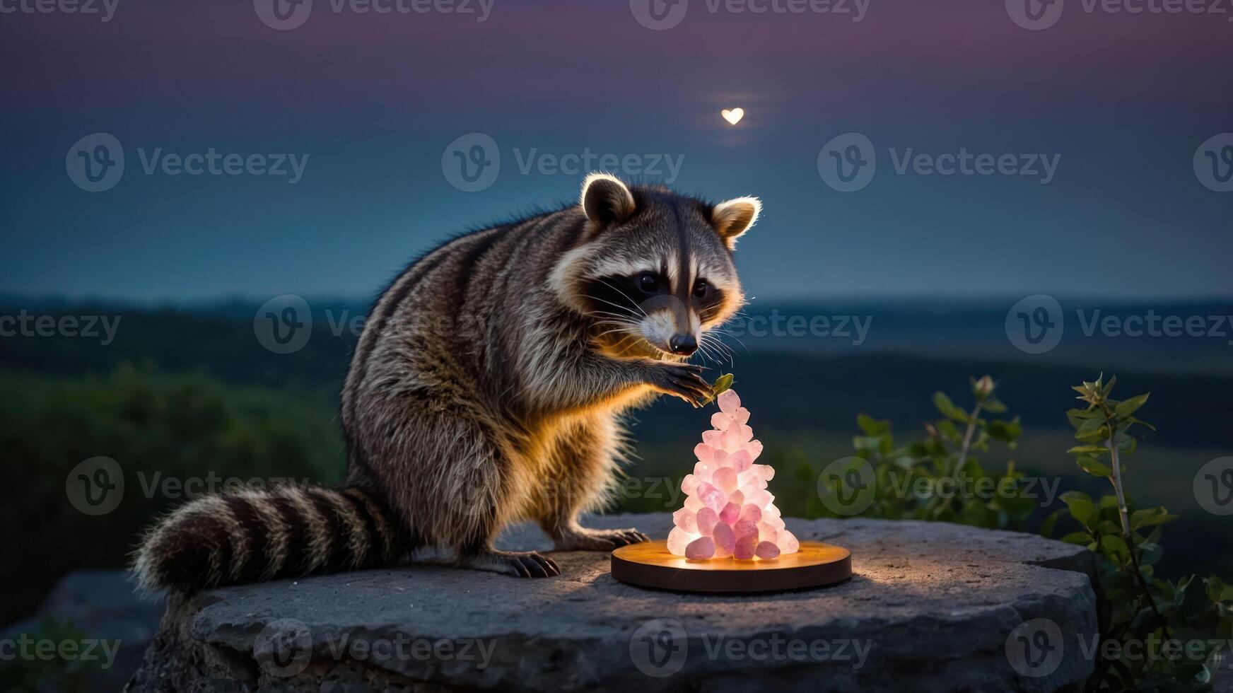 Raccoon Arranging Heart Shaped Stones Outdoors During Magical Twilight Hour photo