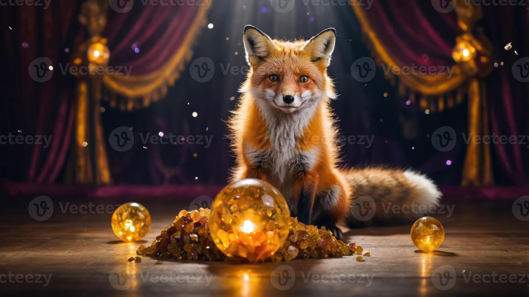 Fox Sitting Near Glowing Spheres and Amber on Wooden Stage photo