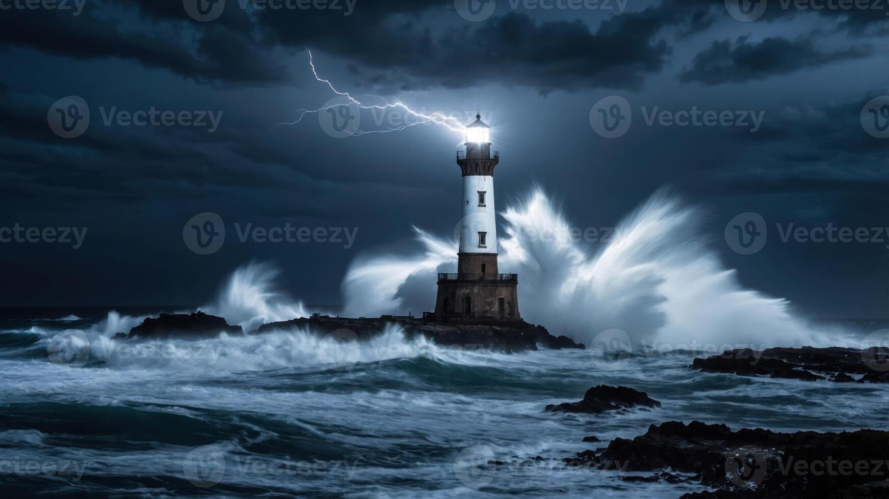 Lighthouse Stands Tall Amidst Storm with Crashing Wave and Lightning photo