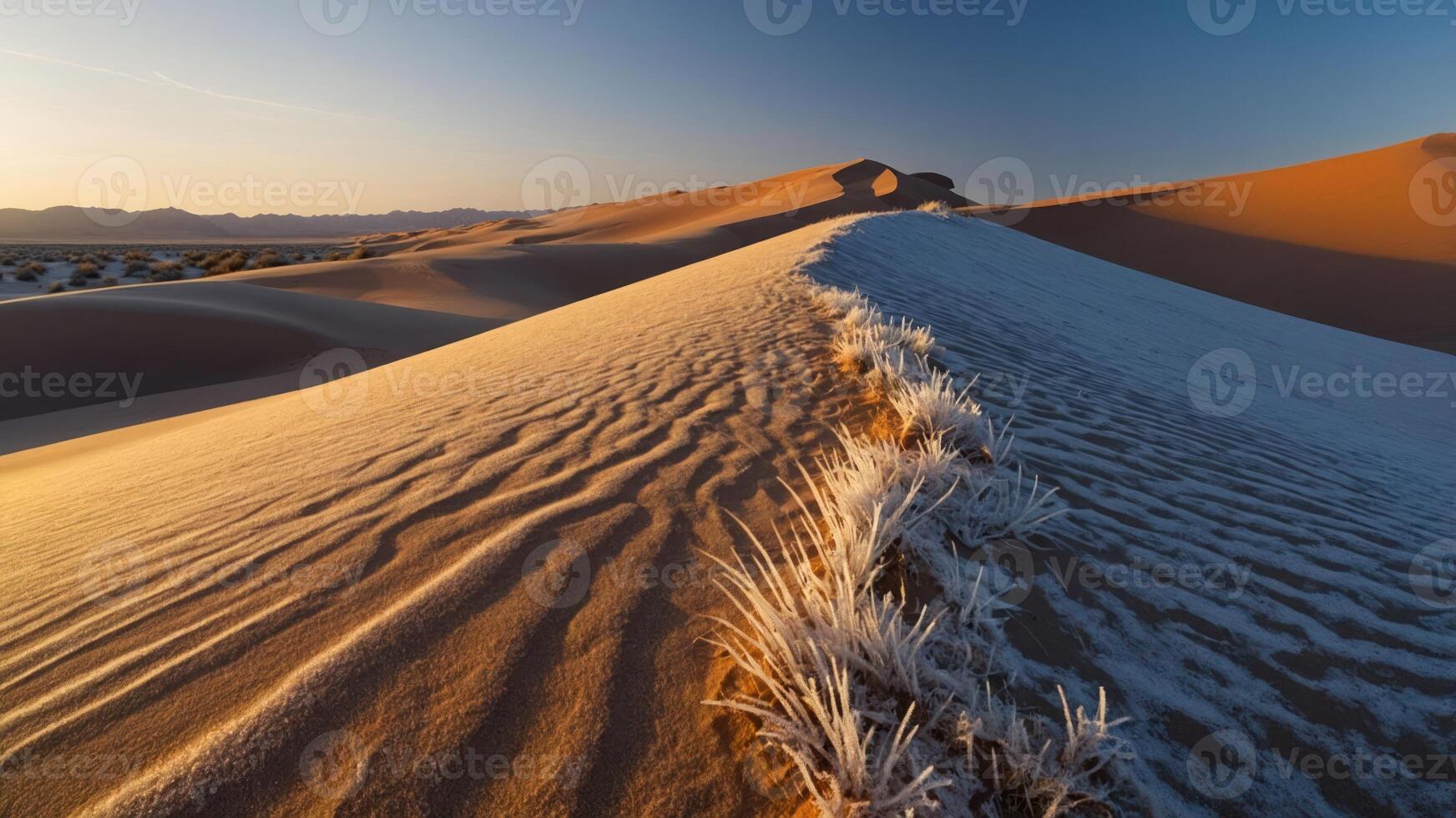 Desert Sand Dunes with Frost and Sparse Vegetation in Sunlight photo