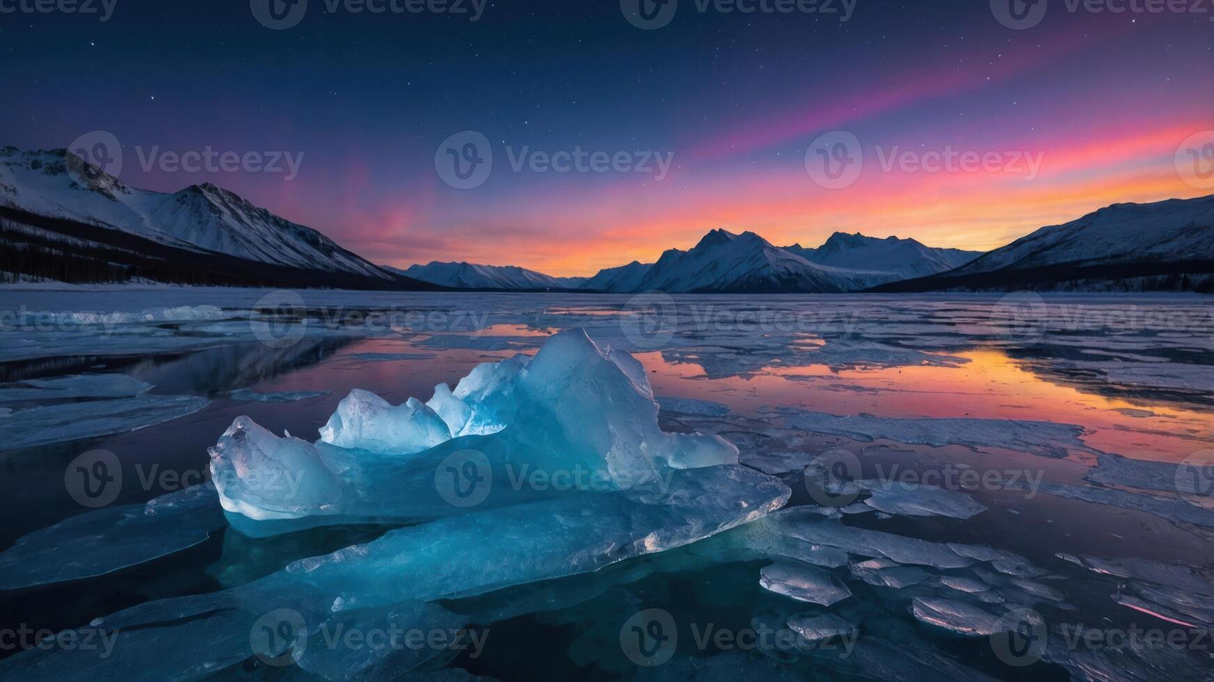 Ice Floating on Lake with Mountain View and Colorful Sky photo