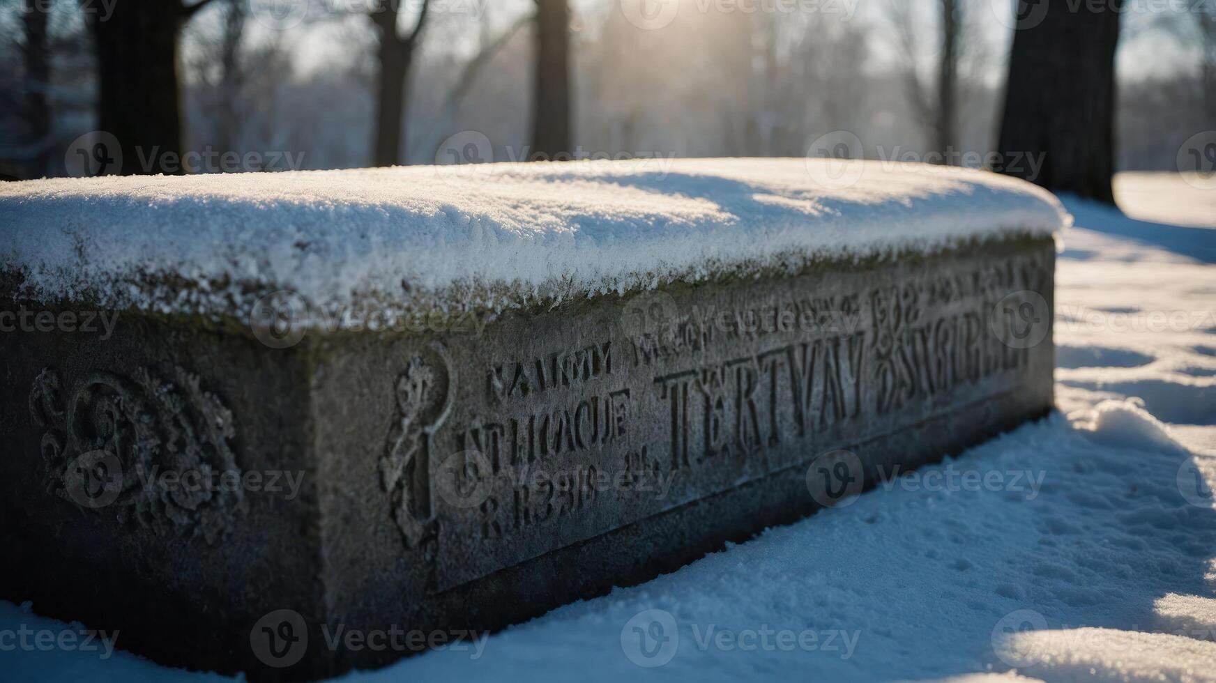 Snow Covered Stone Tombstone in Winter Sunlight Cemetery Landscape photo