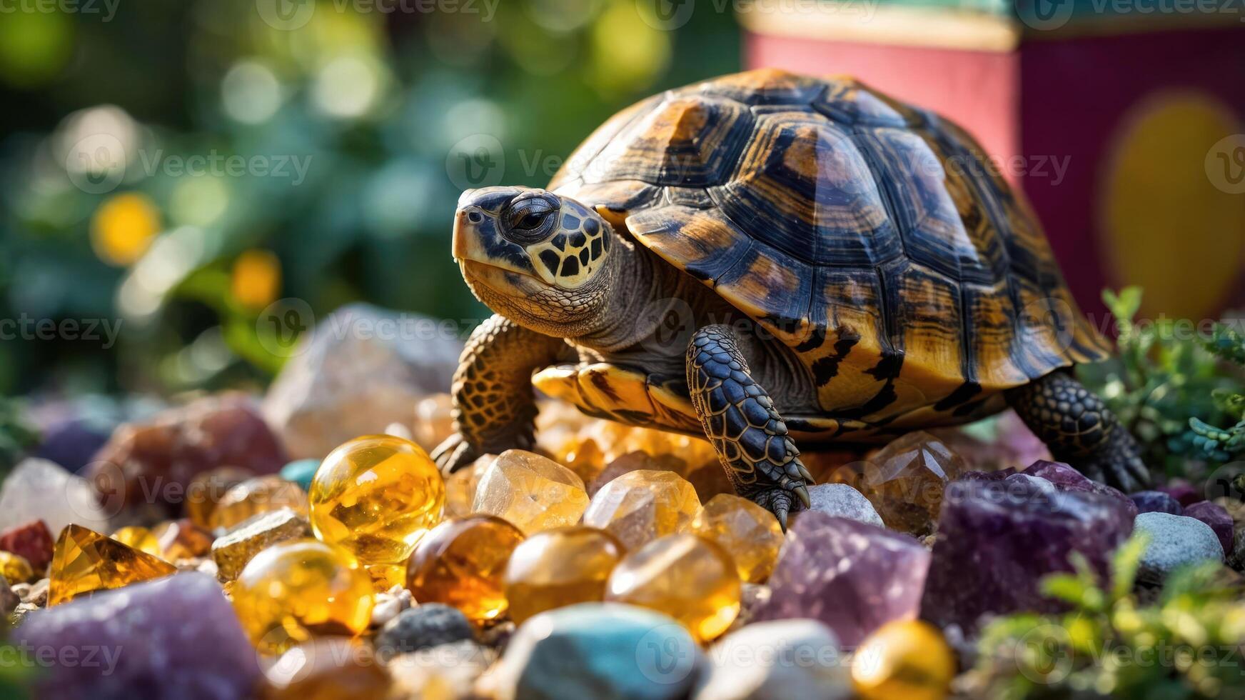 Turtle Walking on Rocks with Blurred Garden Background in Daylight photo