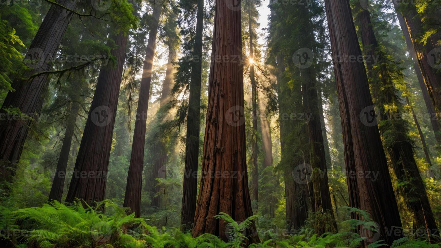 Walking Among Giant Redwood Trees in Forest with Sunlight Streaming Through photo