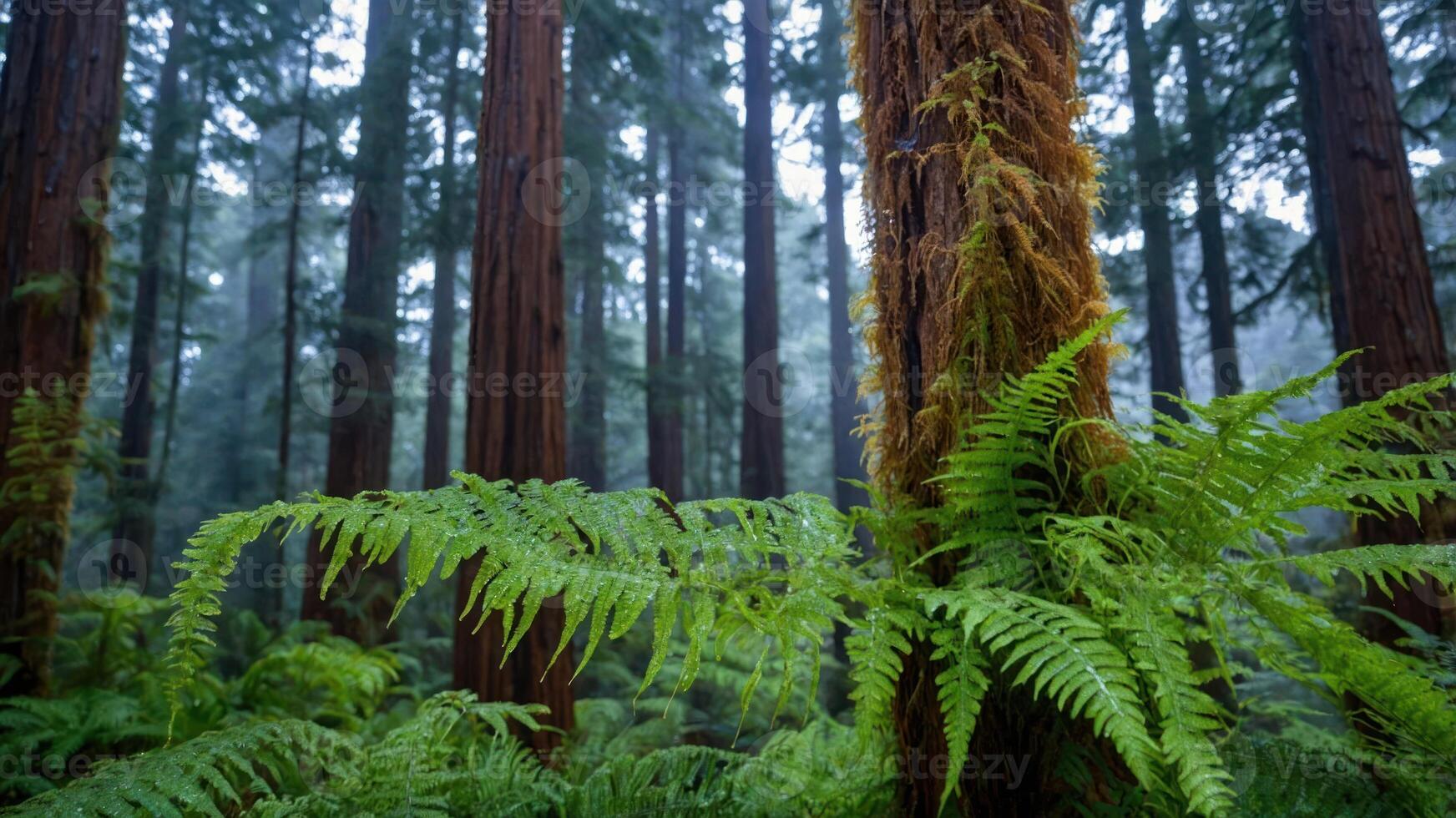 Exploring Lush Forest Floor with Ferns and Tall Redwood Trees photo