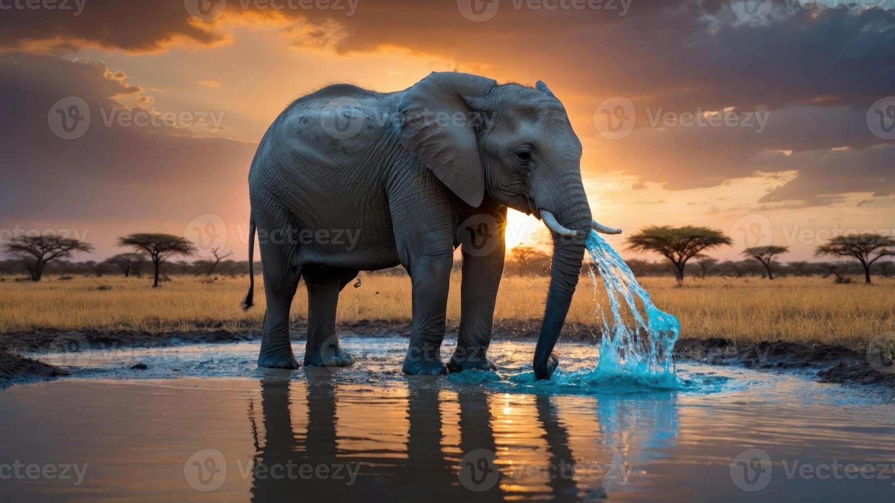 Elephant Drinking Water From Pond at Sunset in African Savanna photo