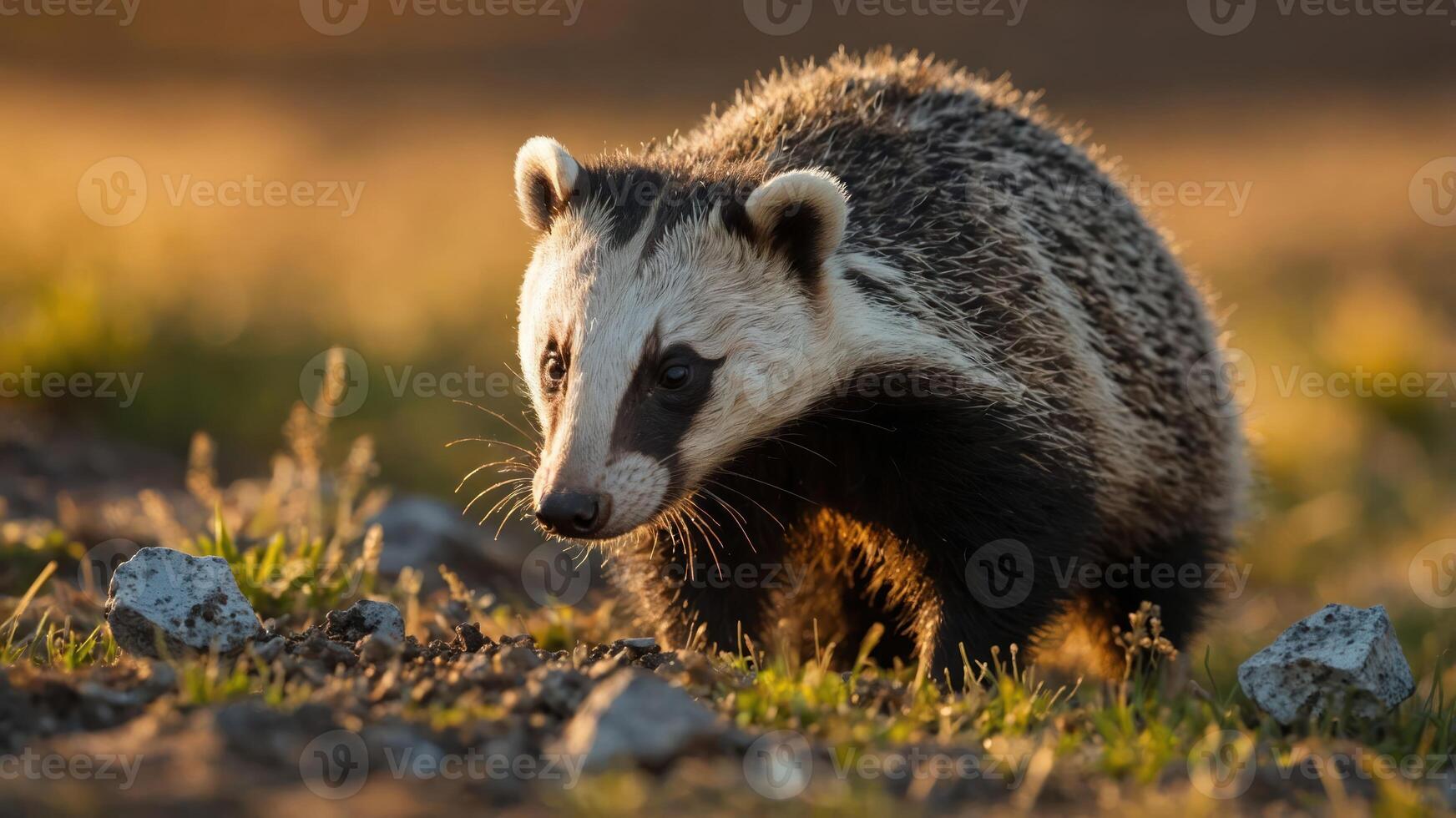 Badger Foraging in Evening Light Wildlife Animal in Natural Habitat photo