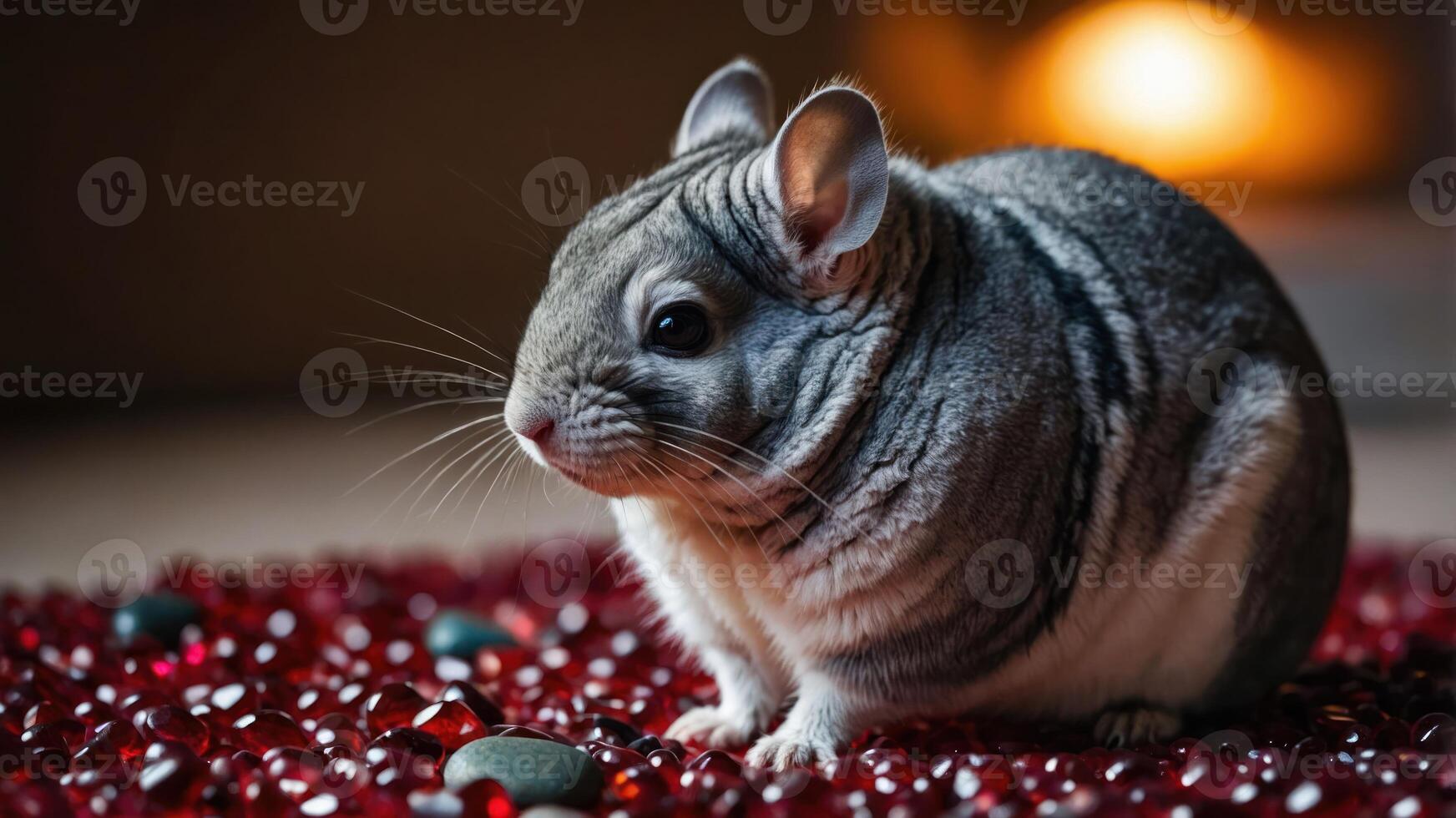 Chinchilla Sitting on Red Beads with Light Background Indoors photo