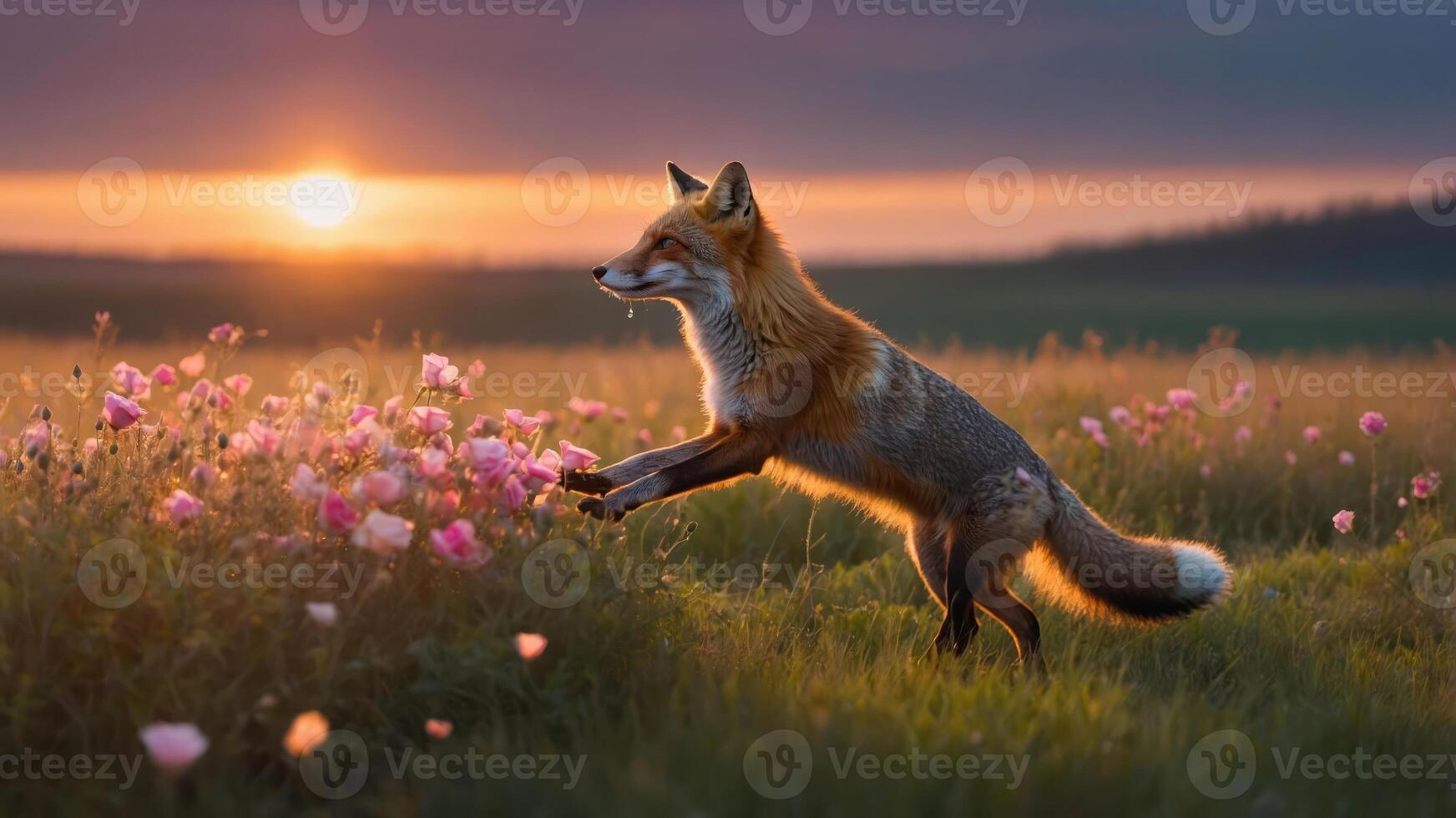Fox Jumping in Flower Field at Sunset in Golden Hour Light photo