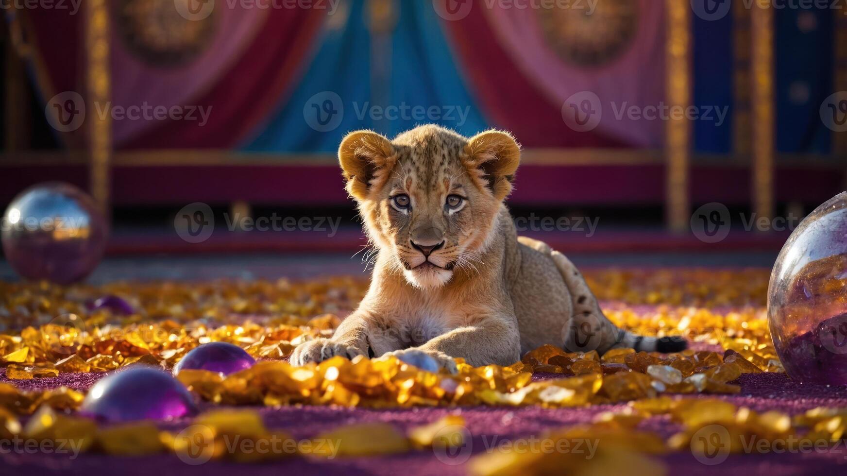 Lion Cub Resting Among Fallen Leaves with Decorative Background photo