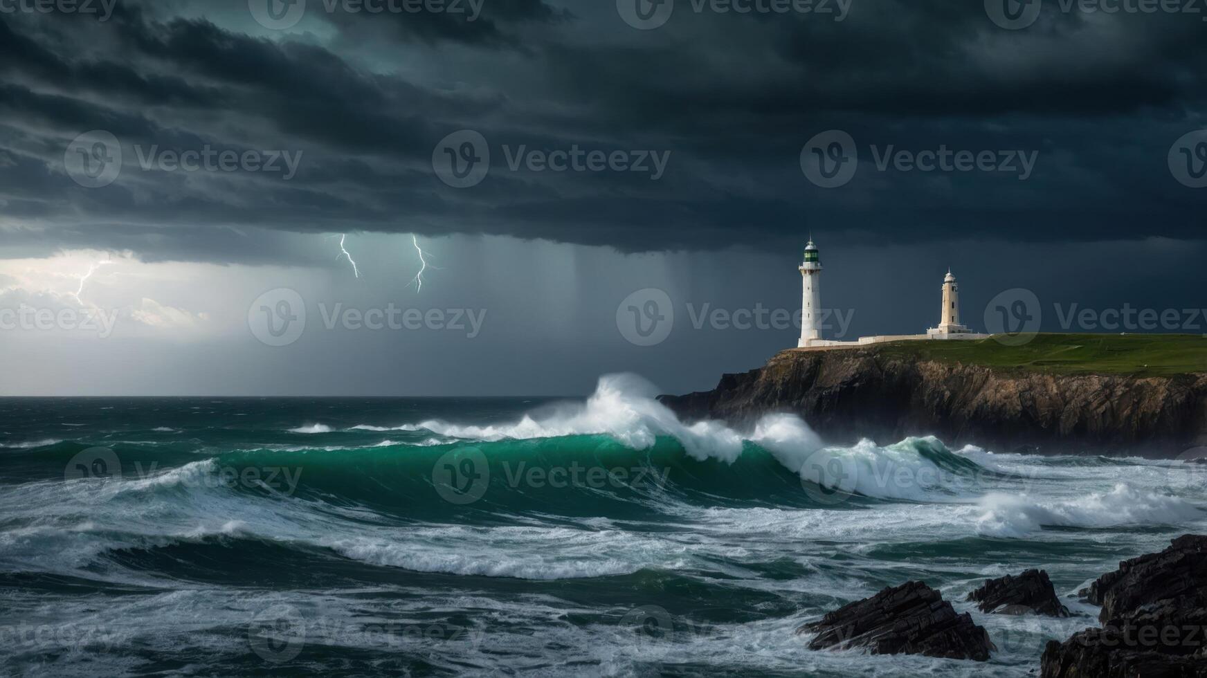 Stormy Ocean Waves Crashing on Rocky Shore with Lighthouse View photo