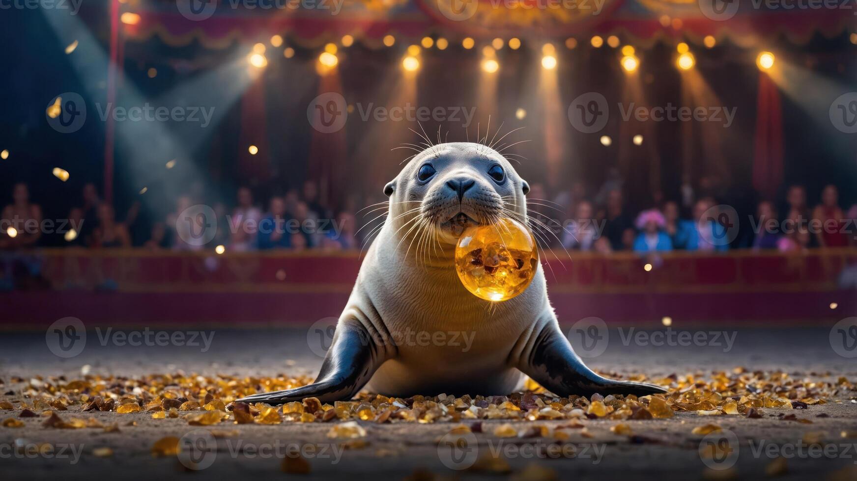 Seal Performing with Glowing Ball at Circus Performance on Stage photo
